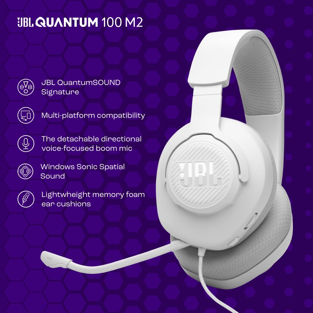 JBL Quantum 100M2 Wired Over-Ear Gaming Headset with JBL QuantumSOUND Signature, 3.5mm jack, multi-platform compatibility and detachable microphone with mute option, white - JBLQTUM100M2WHT