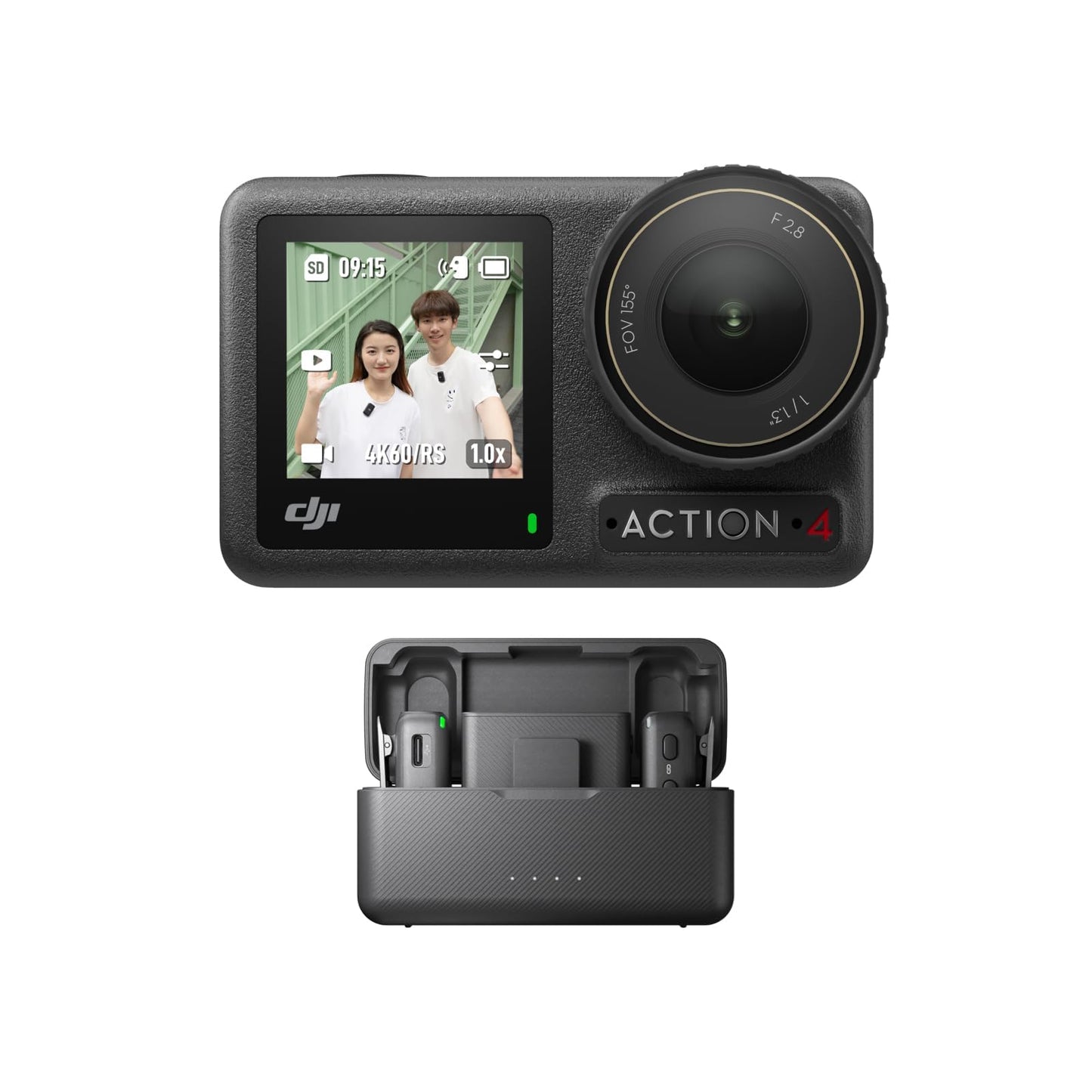 DJI Osmo Action 4 + Microphone (2 transmitters + 1 receiver + charging cradle) - Vlogging camera with a 1/1.3 inch sensor, 360° HorizonSteady, microphone with clear sound profile, wind protection, suitable for travel and sports