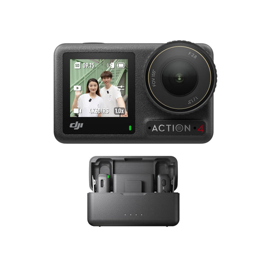 DJI Osmo Action 4 + Microphone (2 transmitters + 1 receiver + charging cradle) - Vlogging camera with a 1/1.3 inch sensor, 360° HorizonSteady, microphone with clear sound profile, wind protection, suitable for travel and sports