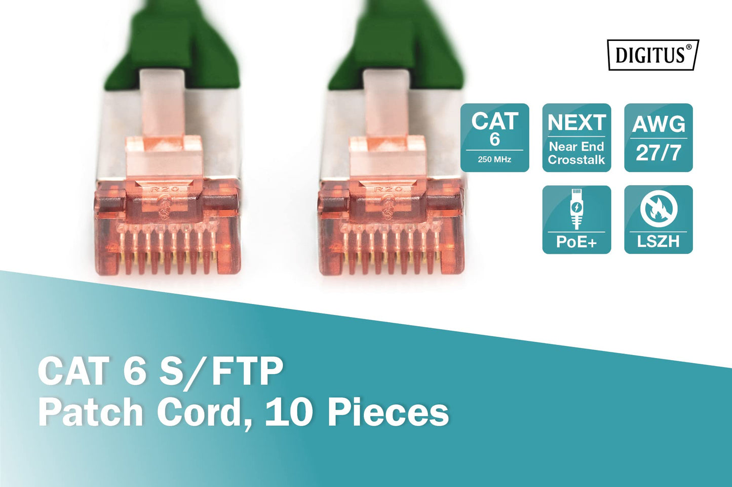 DIGITUS LAN cable Cat 6 – 2 m – 10 pieces – S/FTP shielded – green - DK-1644-020-G-10