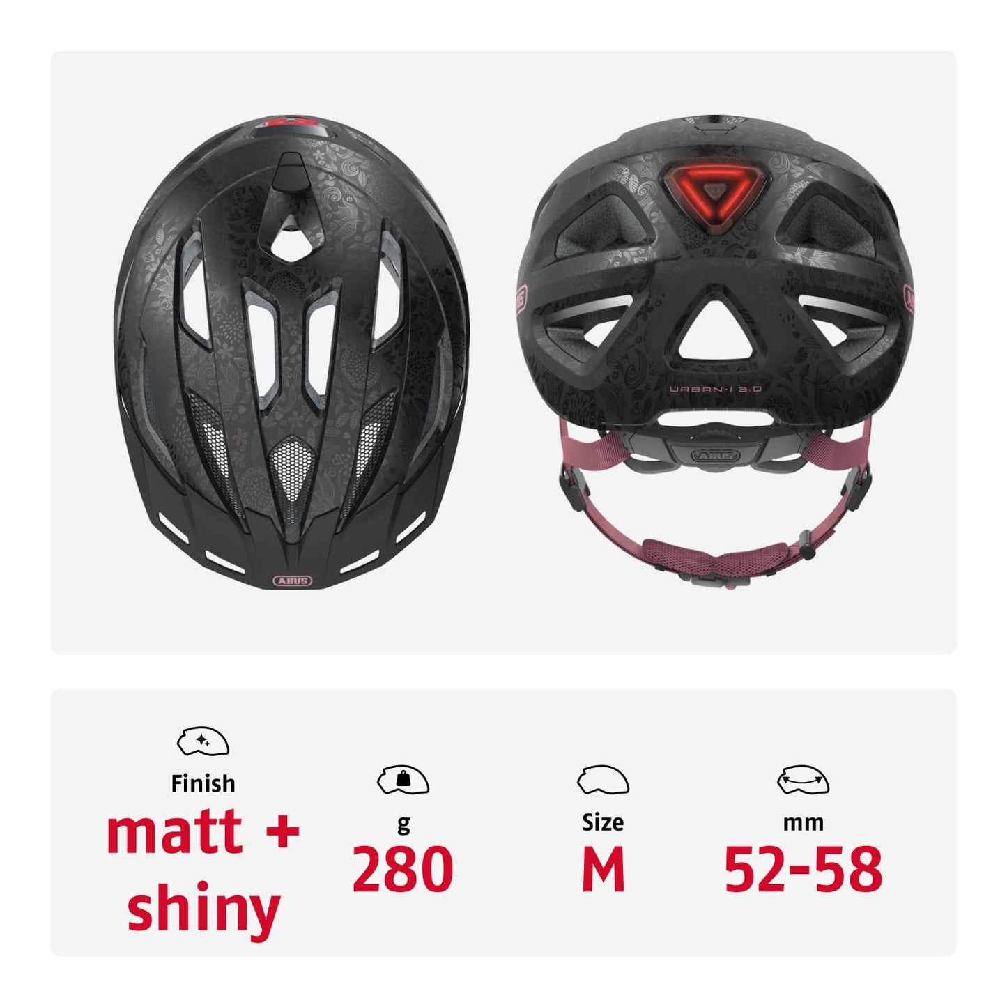 ABUS City Helmet Urban-I 3.0 - Bicycle Helmet with Rear Light, Peak and Magnetic Closure - for Men and Women - Black with Floral Pattern, M (52-58 cm) - 40191