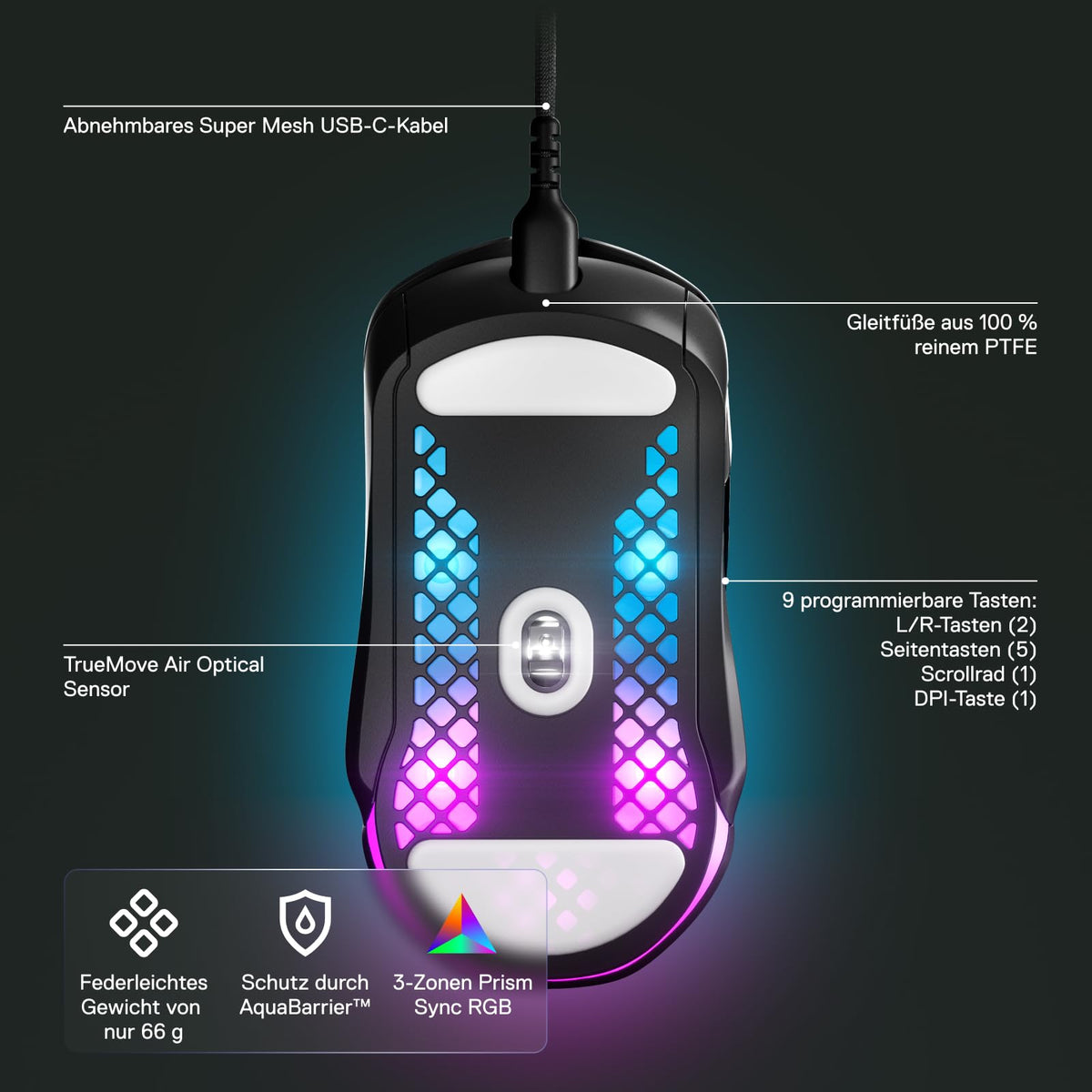 SteelSeries Aerox 5 - Mouse de gaming RGB cu deschideri pe suprafață - Ușoară ca o pană și rezistentă la apă - Senzor optic TrueMove Air cu 18.000 DPI - 62401