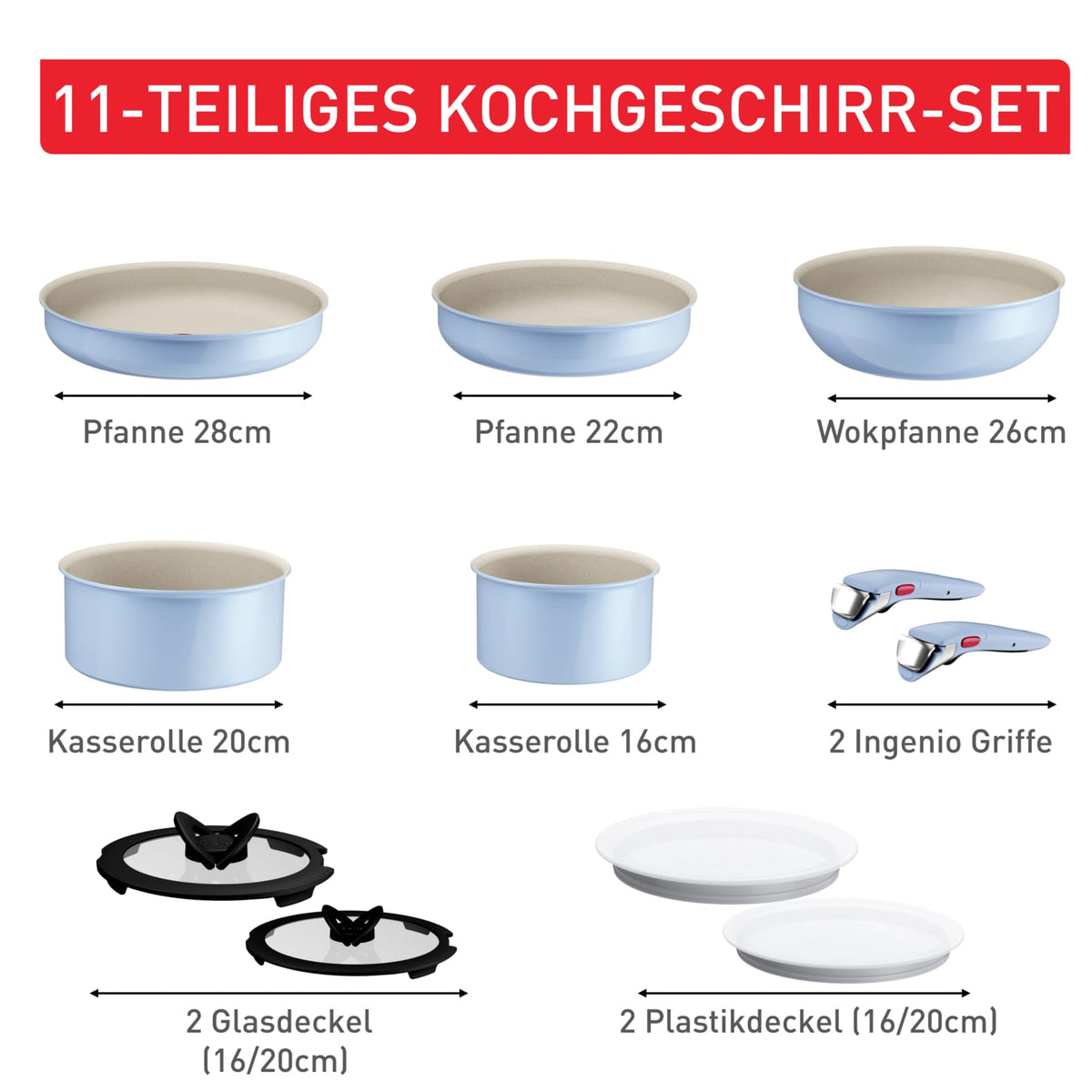 Set de vase Tefal Ingenio Serenity 11 piese – set stivuitor și economisitor de spațiu din aluminiu, cu înveliș antiaderent Mineralia, mânere detașabile, compatibil cu toate tipurile de plite, inclusiv inducție, Calm Blue - L827SB04