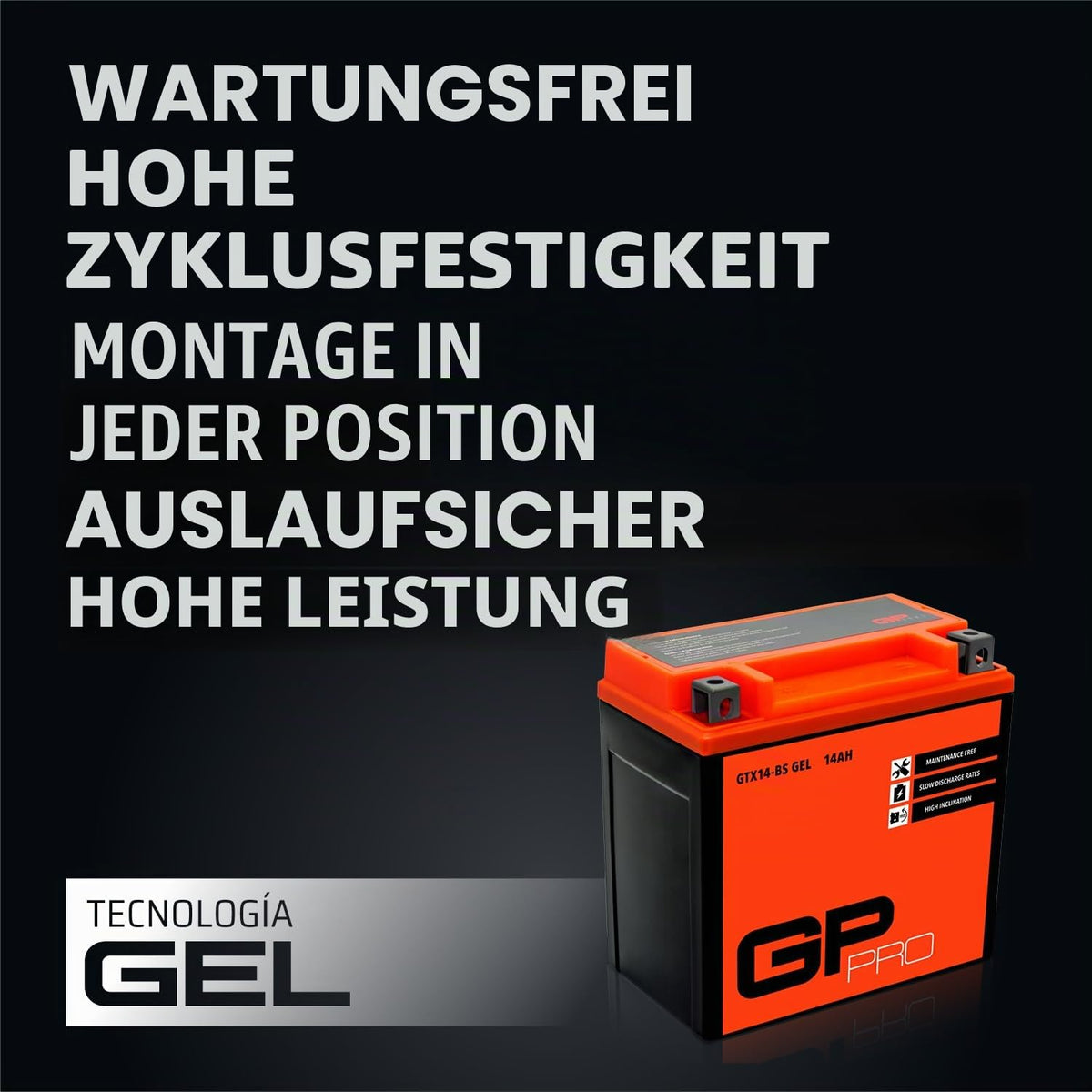 GP-PRO gel scooter battery GTX14-BS 12V 14Ah compatible with Piaggio Medley - GP-008