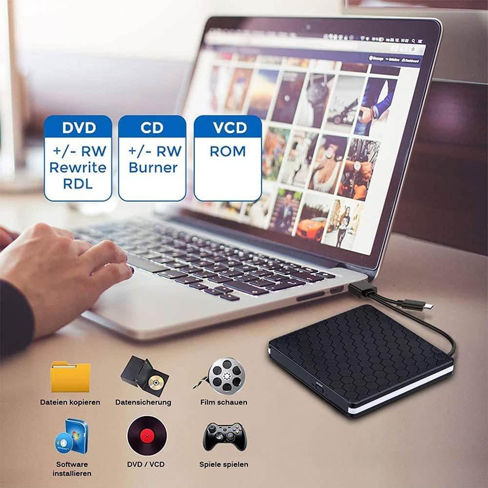 Amicool External DVD Drive, USB 3.0 Type-C CD DVD +/-RW Optical Drive USB C Burner Slim CD/DVD ROM Rewriter Writer Reader Portable for PC Laptop Desktop MacBook Mac Windows 7/8.1/10 Linux OS Apple - BT686