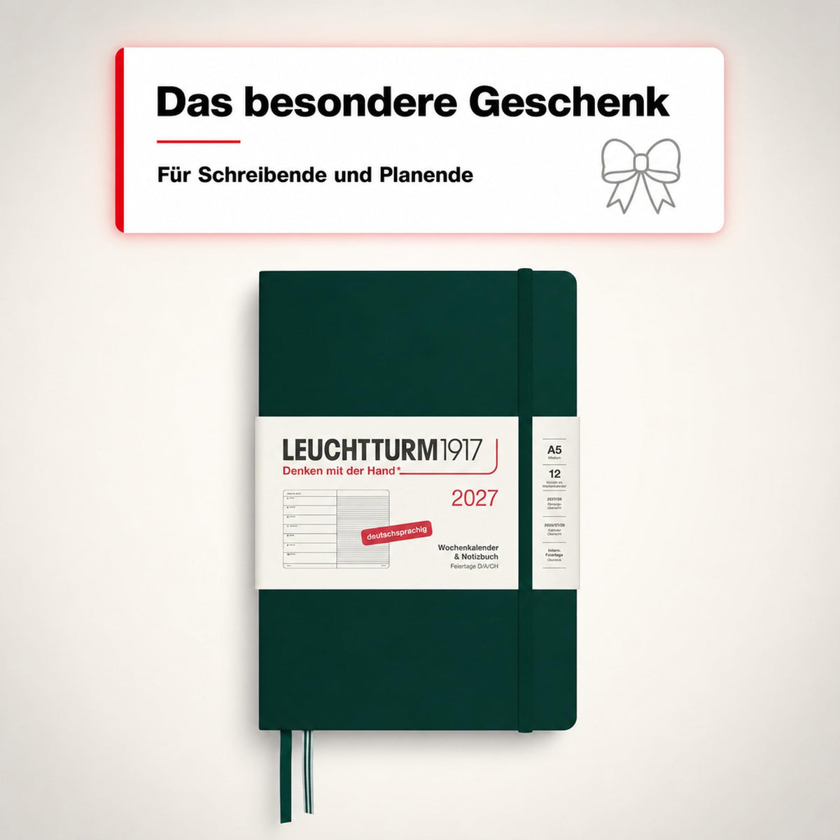 LEUCHTTURM1917 Calendar săptămânal 2027 Mediu (A5) cu caiet - Planificator de întâlniri german, verde pădure, ianuarie-decembrie 2027, Prezentare generală săptămânală în stânga + Pagina de note în dreapta - 400054