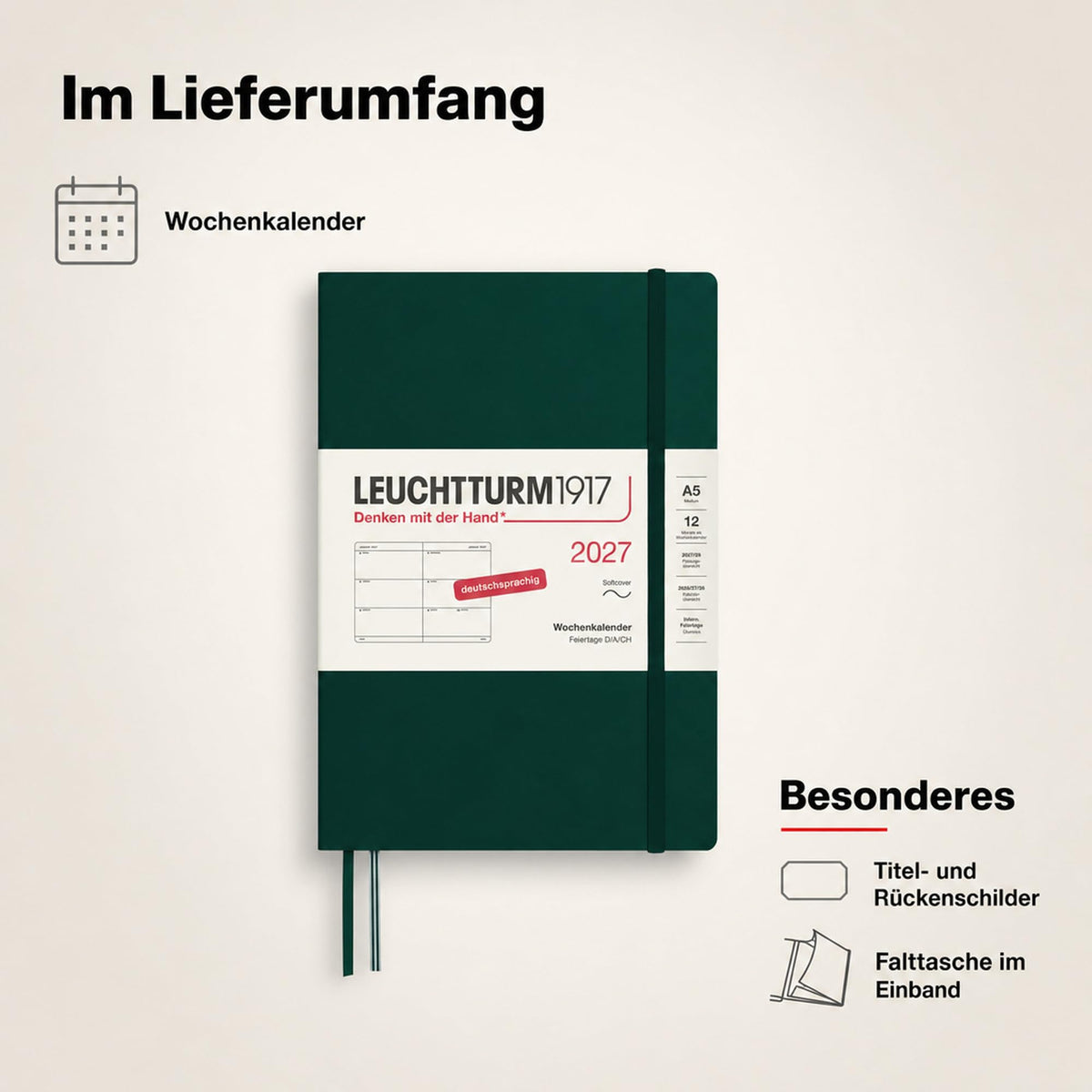 LEUCHTTURM1917 Calendar săptămânal 2027 mediu (A5) - germană, verde pădure, copertă moale, 12 luni - ianuarie-decembrie 2027, 1 săptămână pe pagină dublă, hârtie de 80 g/m² cu compatibilitate ridicată cu cerneală - 400131