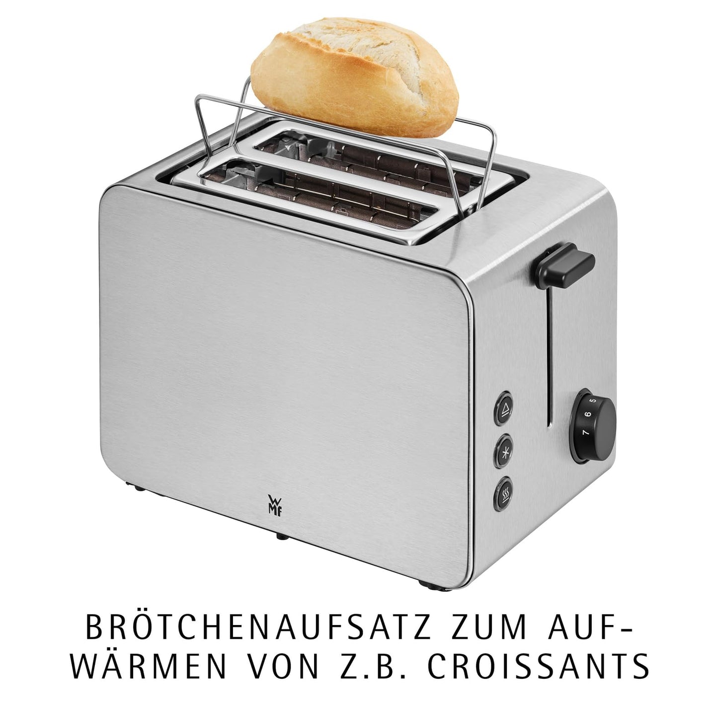 WMF Stelio toaster 2 slices stainless steel, double slot toaster with bread roll attachment, bagel function, 7 browning levels, 900 W, matt stainless steel - 0414210011