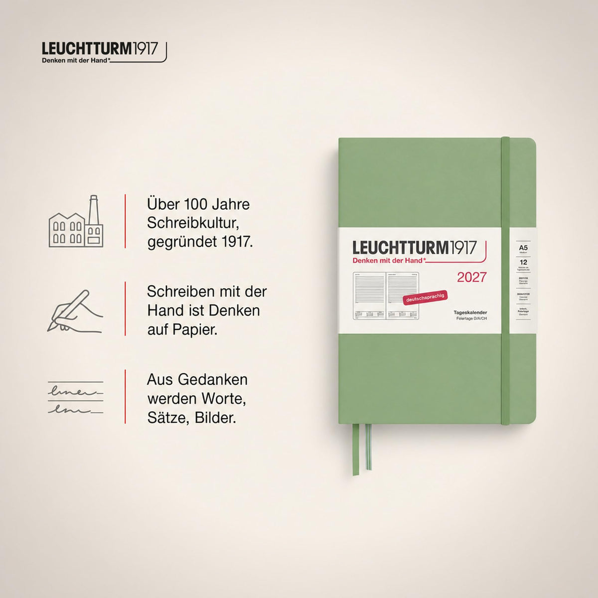 LEUCHTTURM1917 Calendar zilnic 2027 Medium (A5) - germană, salvie, 145 x 210 mm, ianuarie-decembrie (12 luni), 1 pagină pe zi, grilă orară 7:00 a.m. - 22:00 p.m., copertă cartonată, hârtie de 80 g/m² - 400161