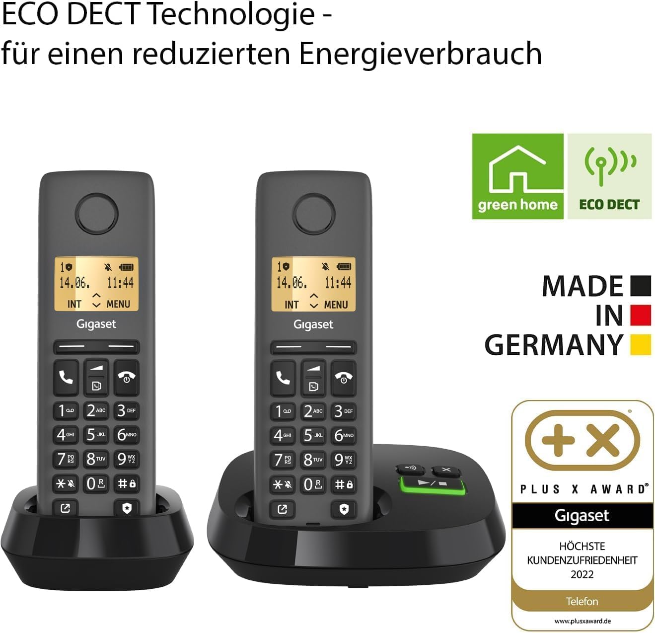 Gigaset PURE 120A Duo - 2 cordless telephones with answering machine - ECO DECT - call protection - illuminated display - hearing aid compatible, anthracite black [Compatible in DE, IT, FR, NL, BE, Che, AUT] - L36852-H3125-R143