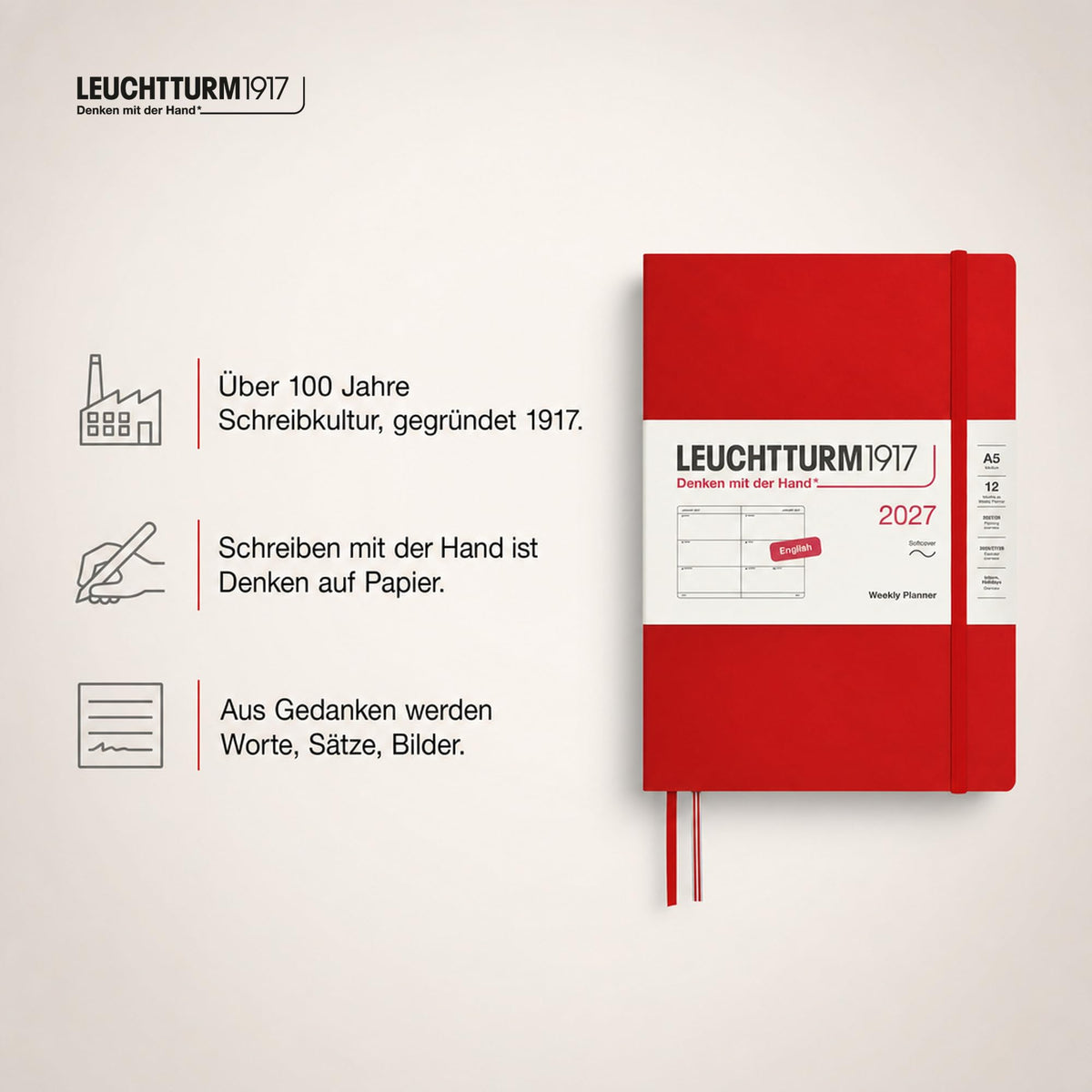 LEUCHTTURM1917 Calendar săptămânal 2027 Mediu (A5) - engleză, cireș, copertă moale, 145 x 210 mm, 12 luni - ianuarie-decembrie 2027, 1 săptămână pe pagină dublă, hârtie de 80 g/m² cu compatibilitate ridicată cu cerneală - 400295