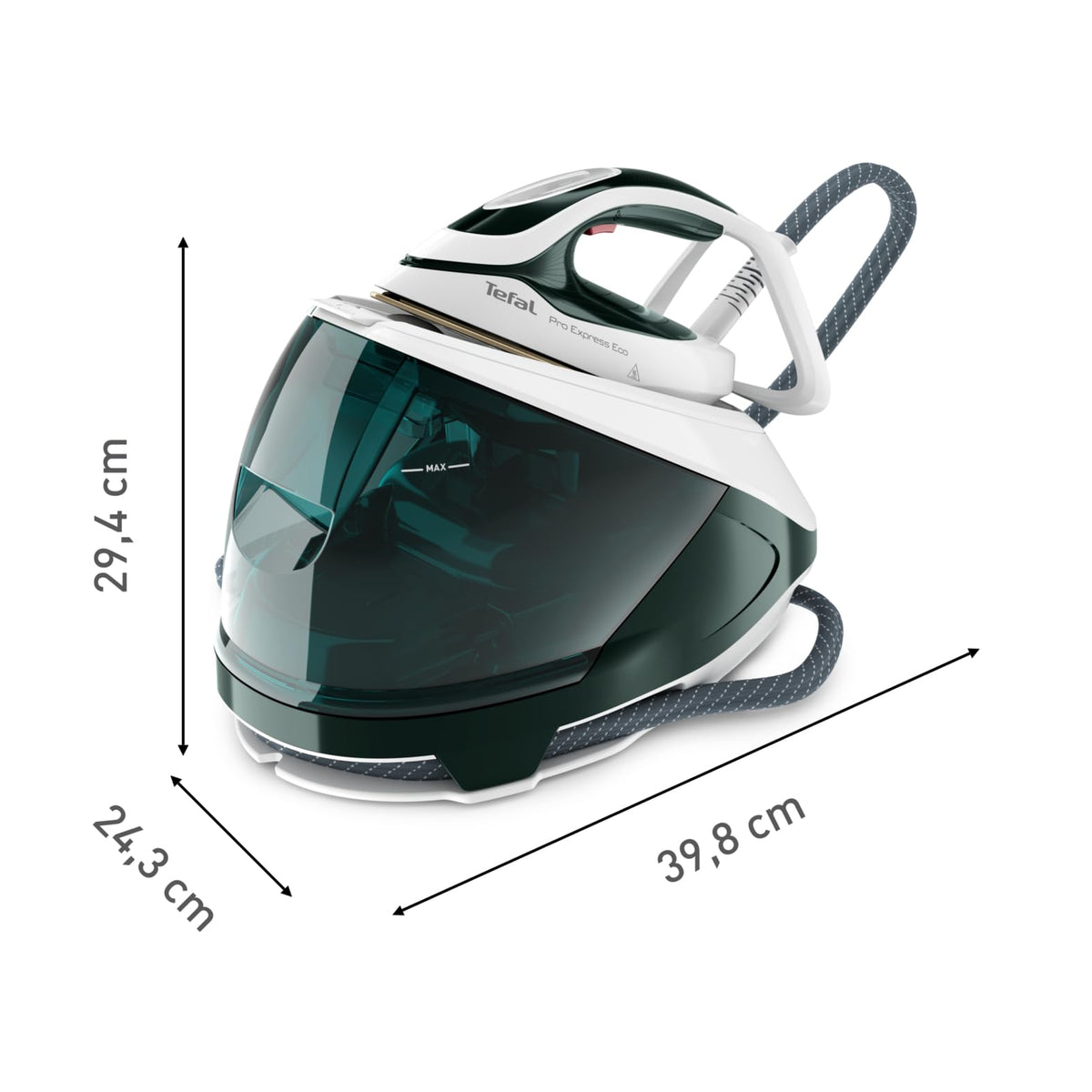 Tefal Pro Express Eco Stație de călcat cu aburi, 2200 Watt, 7,5 bar presiune, 560 g/min. impuls de aburi, 140 g/min. eliberare continuă a aburului, mod Eco, colector de calcar, tehnologie Smart-Temp, verde pădure, GV9E21E0