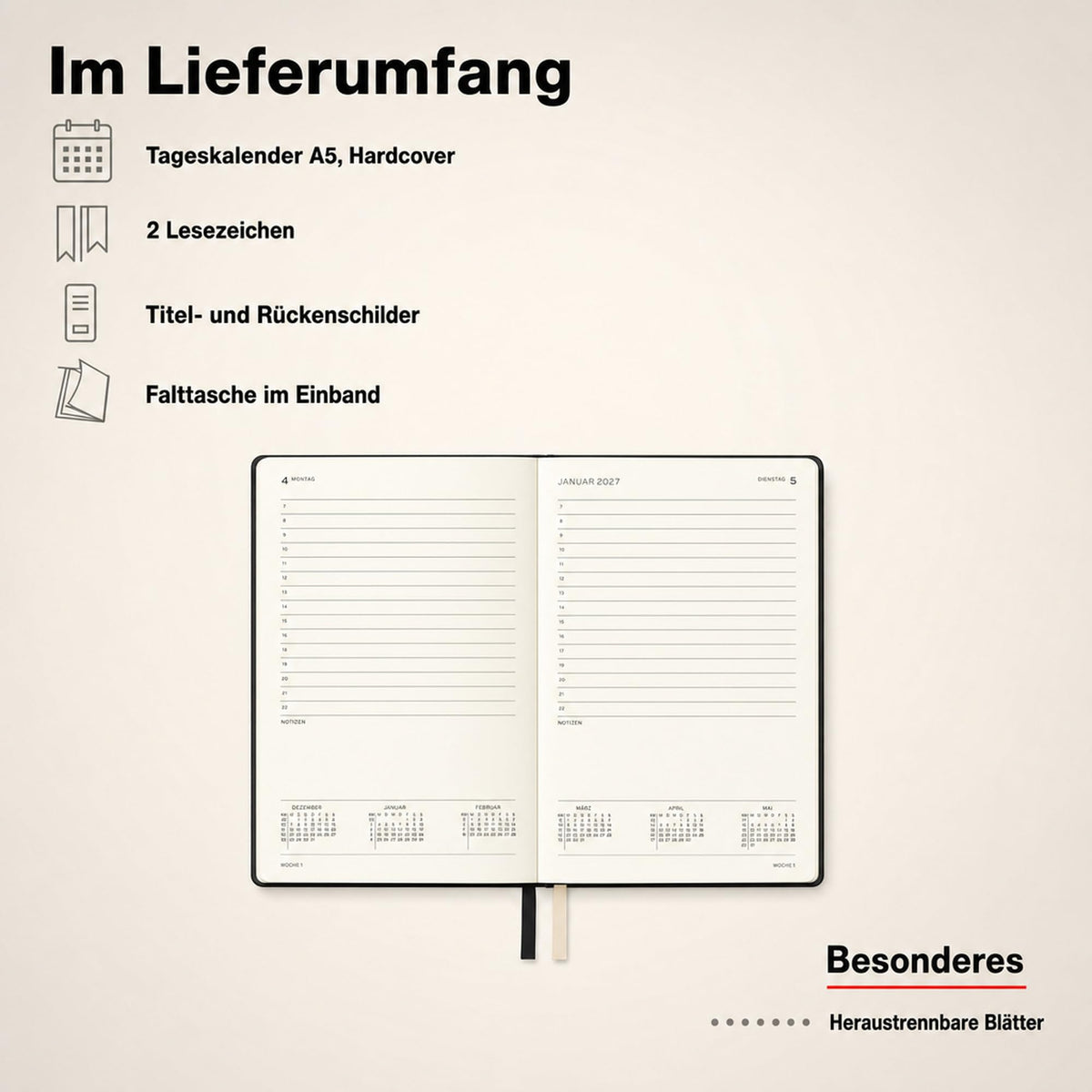 LEUCHTTURM1917 Daily Calendar 2027 Medium (A5) - German, black, 145 x 210 mm, January-December (12 months), 1 page per day, hourly grid 7:00-22:00, hardcover, 80 g/m² paper - 400157