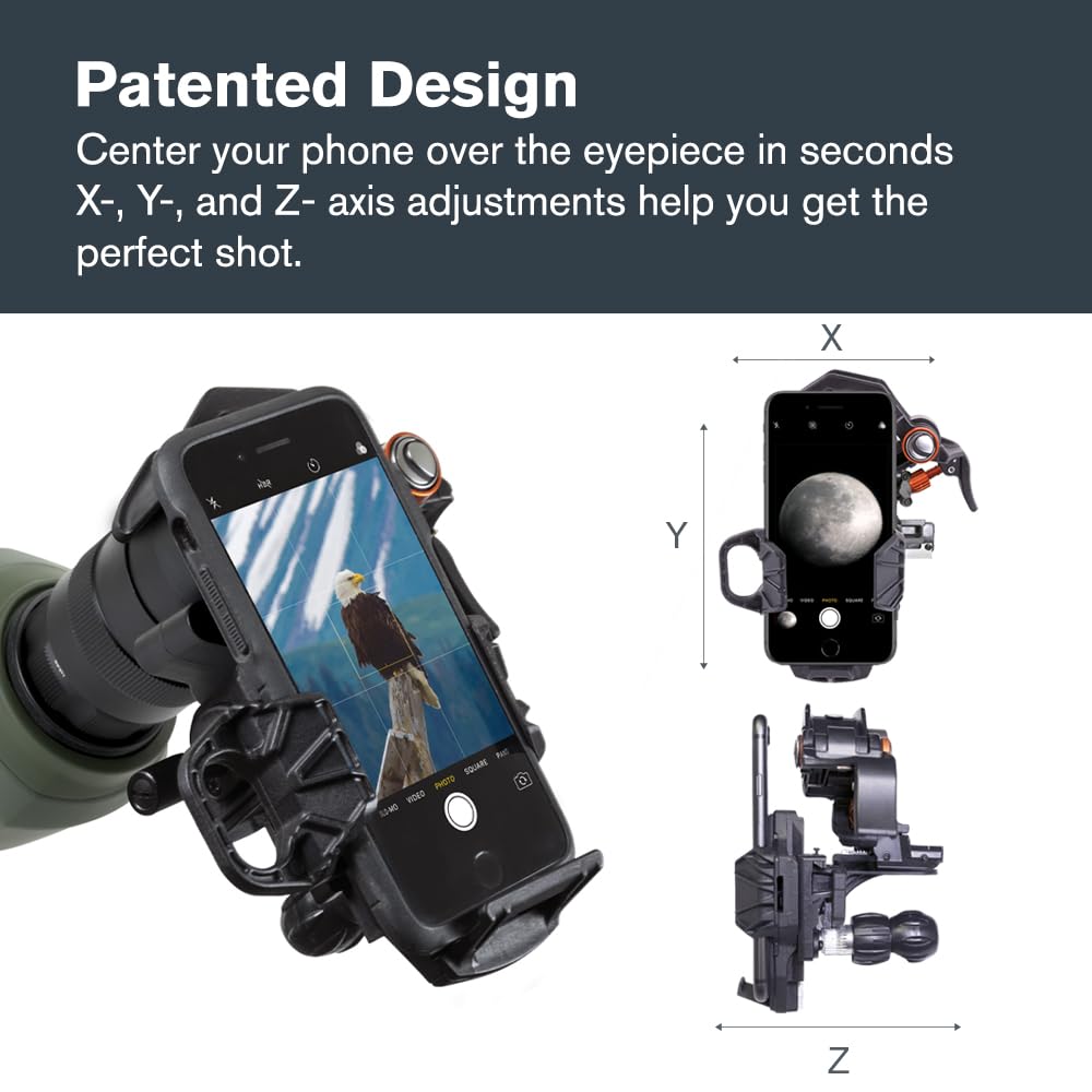 Celestron 81057 NexYZ DX 3-Axis Smartphone Adapter Set with Bluetooth Remote Shutter - Capture images and videos through your telescope, spotting scope, binoculars, monocular and microscope, Black