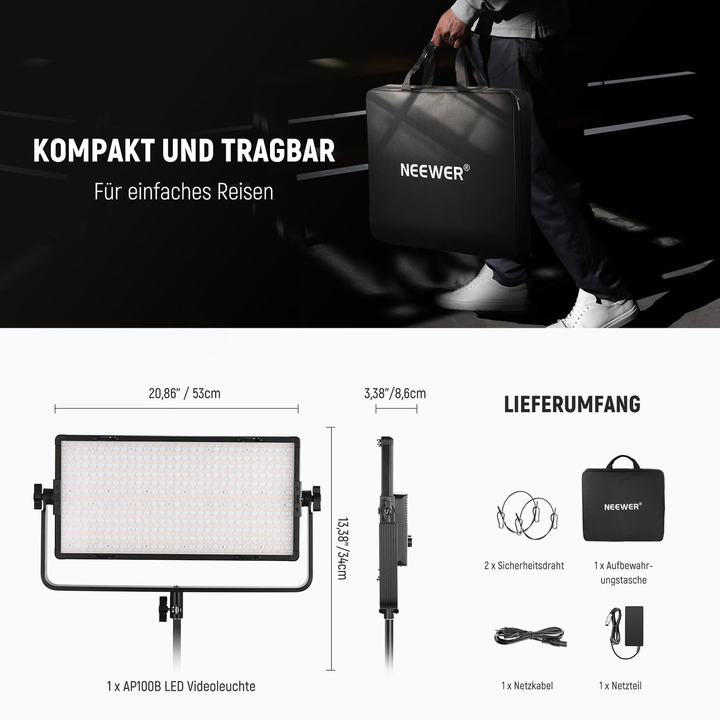 NEEWER LED video light panel, two-tone, 100W, 960 LED 38600Lux@0.5m, 2500K 8500K, CRI96+/TLCI97+, brightness 0-100%, control APP/2.4G/Panel/DMX for photo studio Pro, video scene lighting - AP100B