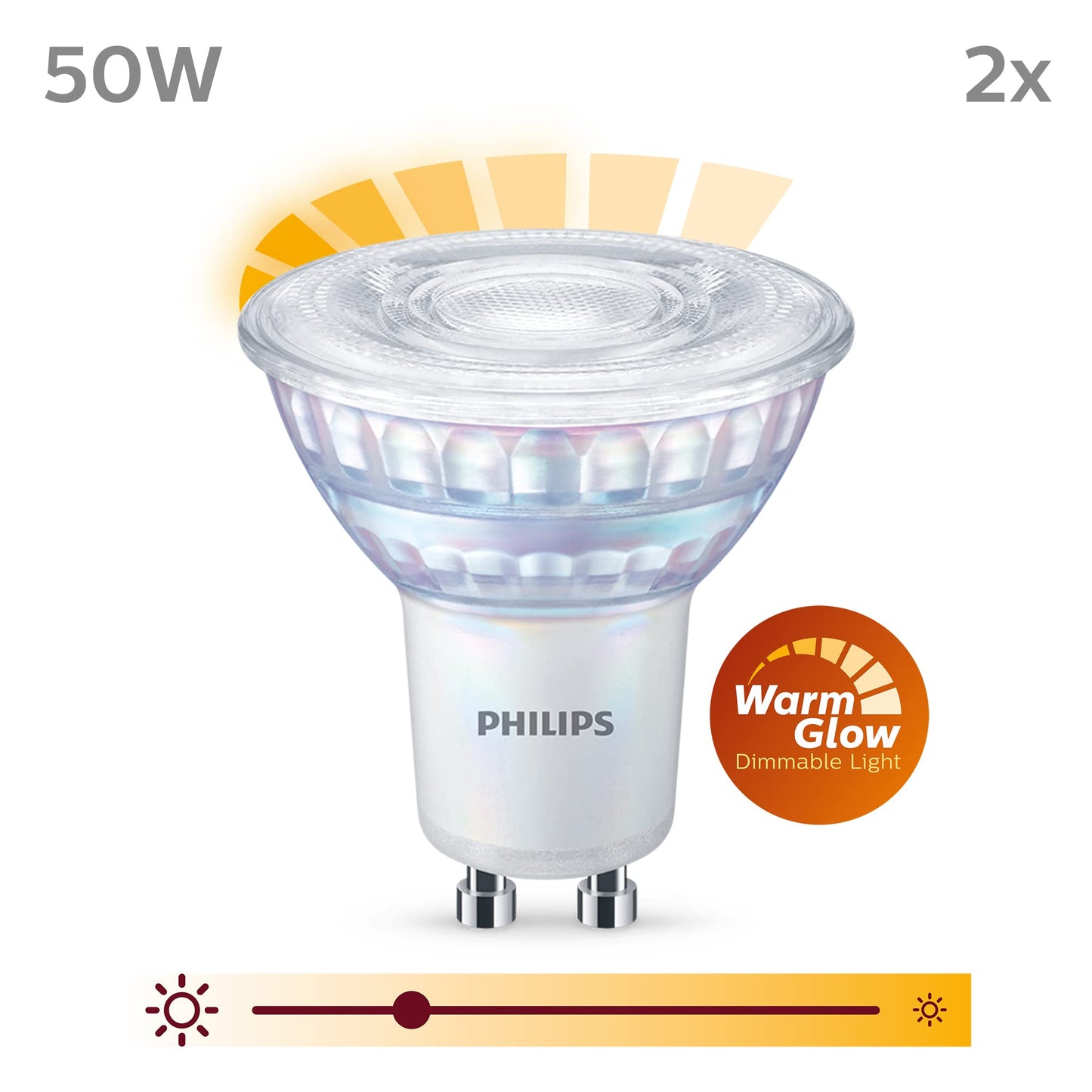 Philips LED Classic GU10 WarmGlow lamp, 50W, reflector, dimmable, warm white, double pack - 929002065718