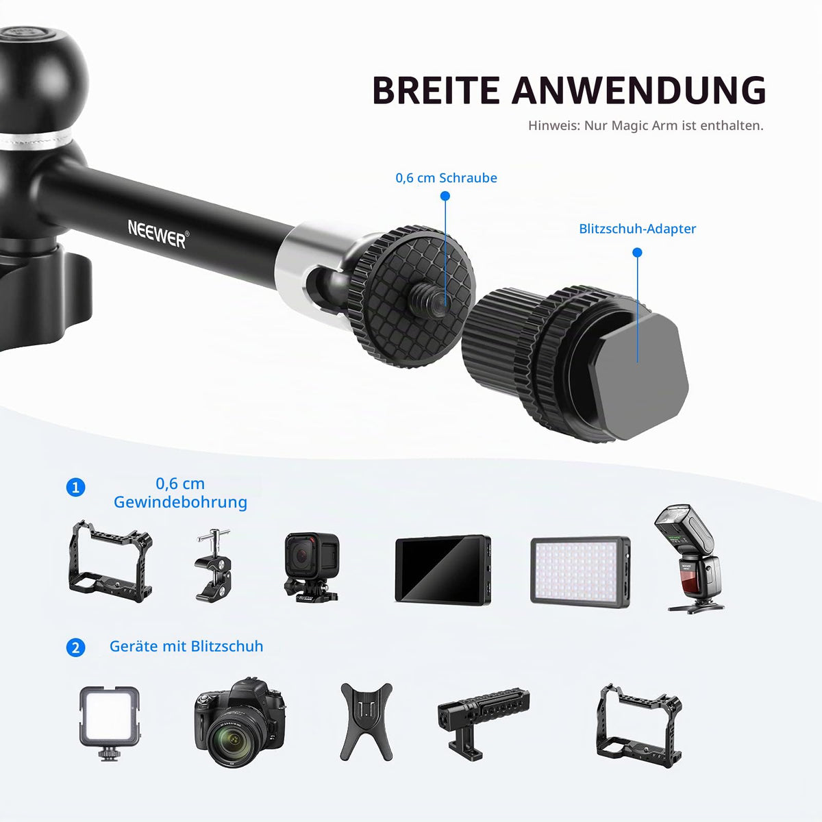 NEEWER ST20 Super Klemme und 27,9cm Verstellbarer Reibungskraft Gelenkarm, kompatibel mit SmallRig Kamera Käfig Rig, weitere Erweiterung für Monitor/LED Licht/Webcam, maximale Belastung 2kg