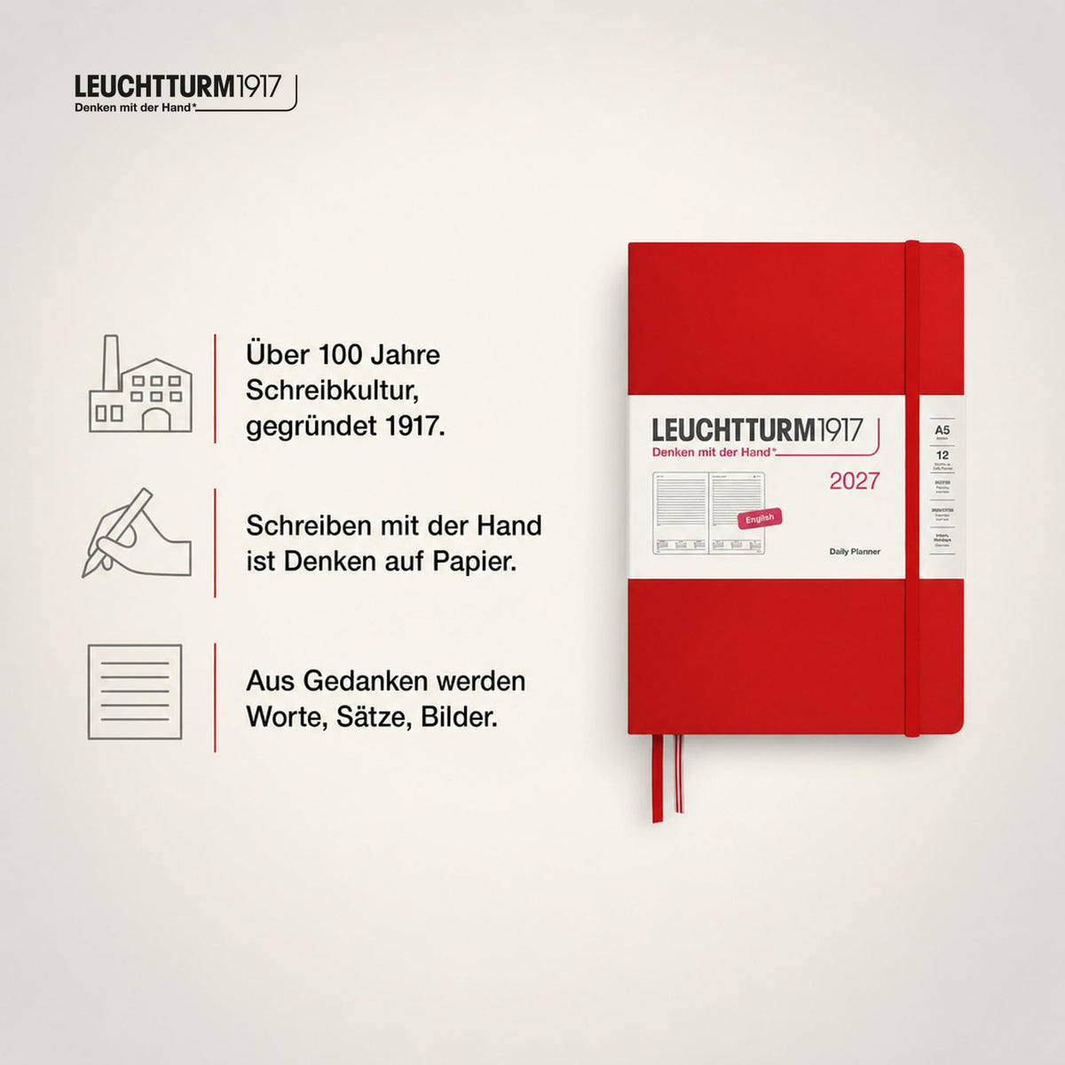 LEUCHTTURM1917 Daily Calendar 2027 Medium (A5) - English, Cherry, 145 x 210 mm, January-December (12 months), 1 page per day, hourly grid 7:00-22:00, hardcover, 80 g/m² paper - 400326