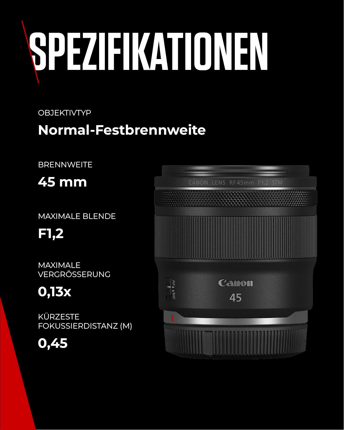 Canon lens RF 45mm F1.2 STM - fixed focal length lens with F1.2 light intensity - ideal for portrait photography - compatible with Canon EOS R system