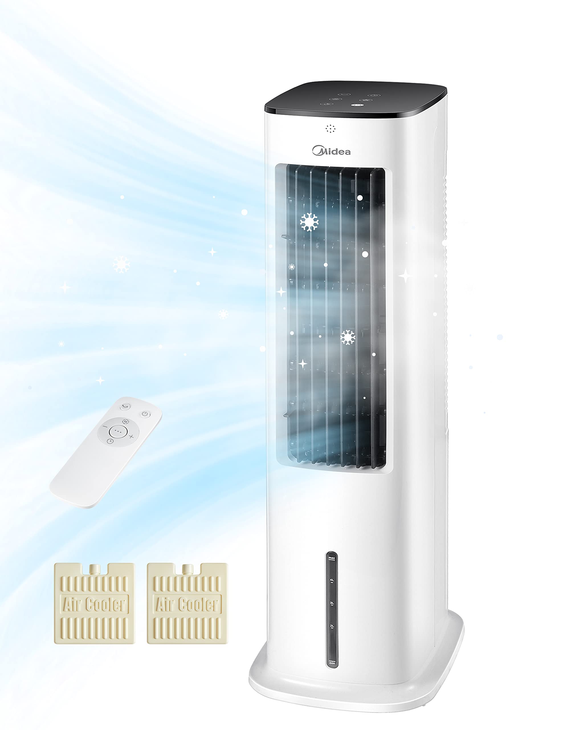 Midea Silent Air Cooler Pro 4-în-1 Răcitor de aer mobil Mai silențios: Răcitor de aer, Ventilator turn, Umidificator și Purificator de aer, cu telecomandă, Rezervor de apă de 5L, Debit de aer 355m³/h, 55W, Afișaj LED, Temporizator, Alb - AC100-20ARB