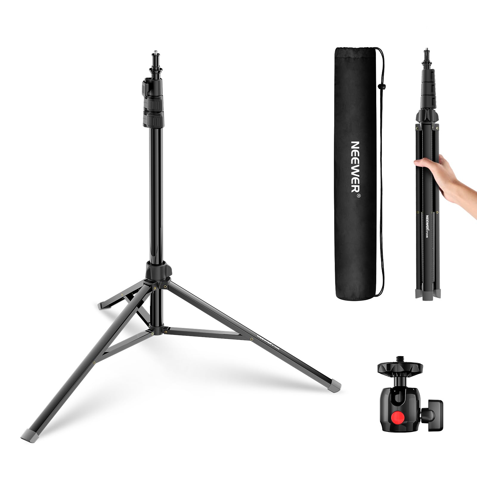 NEEWER ST200B Photography Light Stand, 56-200cm, with Ball Head, 1/4" Screw, Maximum Load 4kg, Aluminum, Portable Studio Lighting Tripod, Phone Video Stand for Strobe Light - 200cm/1