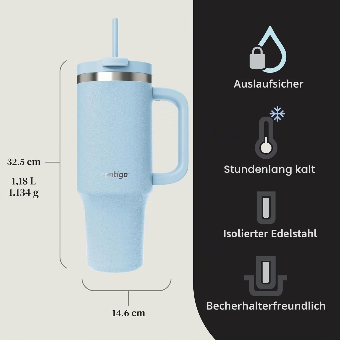 Contigo thermos bottle 1200 ml with handle and straw | Stainless Steel Insulated Thermal Drinking Bottle with Lid | Cools for 29 hours | Travel Mug | Thermo mug | | Glacier - 2212752