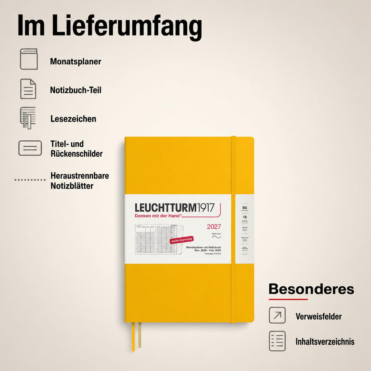 LEUCHTTURM1917 planificator lunar cu caiet 2027 Compoziție (B5) - germană, floarea soarelui, copertă moale, 178 x 254 mm, 16 luni (01.11.2026-28.02.2028), 132 pagini de note punctate cu cuprins - 400172