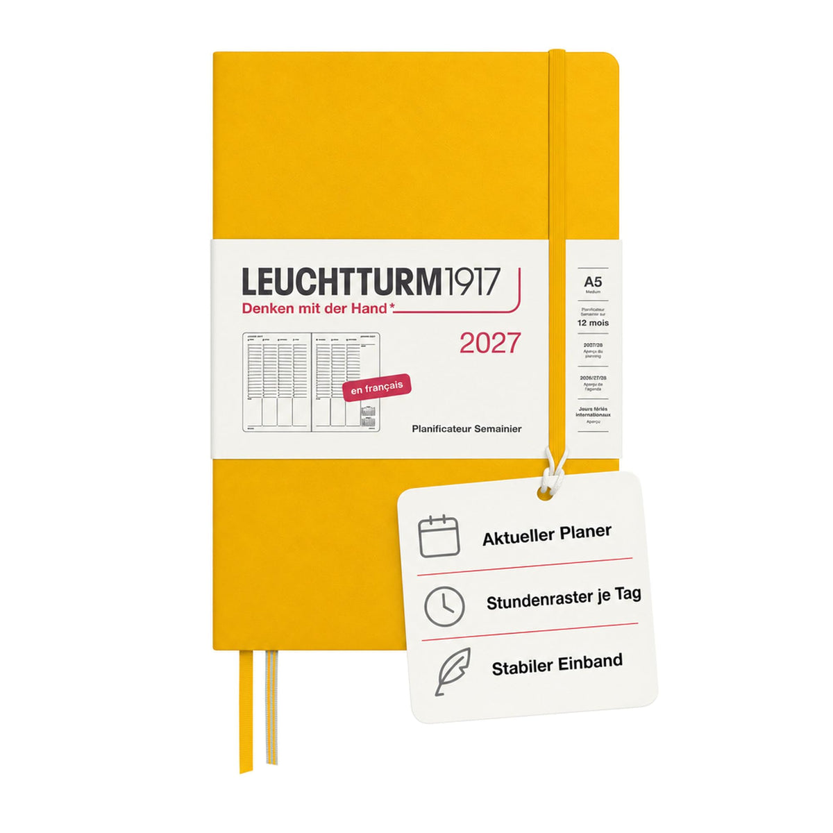 LEUCHTTURM1917 Weekly Planner 2027 Medium (A5) - French, Sunflower, 210 x 145 mm, January-December (12 months), weekly overview with hourly grid 7:00-22:00 per column, hardcover - 400408
