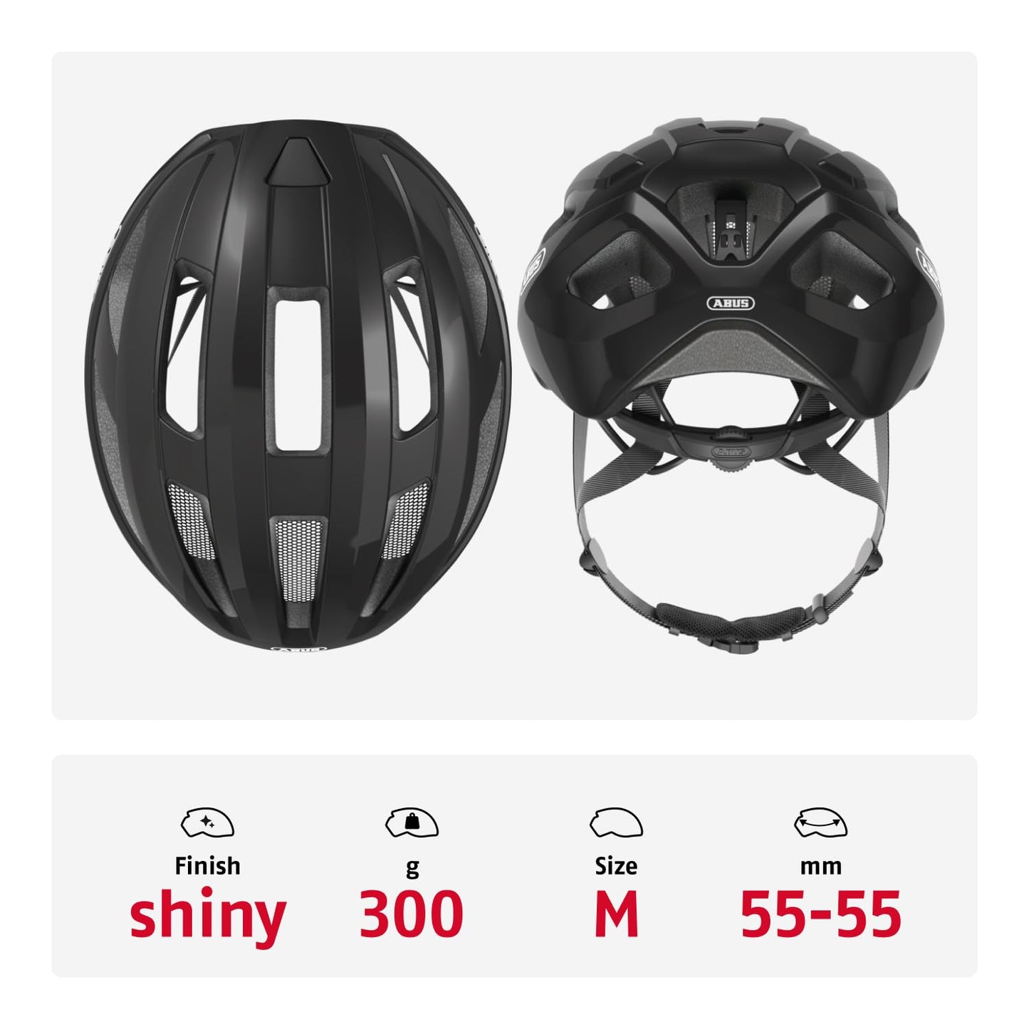 ABUS road bike helmet Macator - sporty bike helmet for beginners - also for pigtail wearers - for women and men - glossy black, size M - 87212