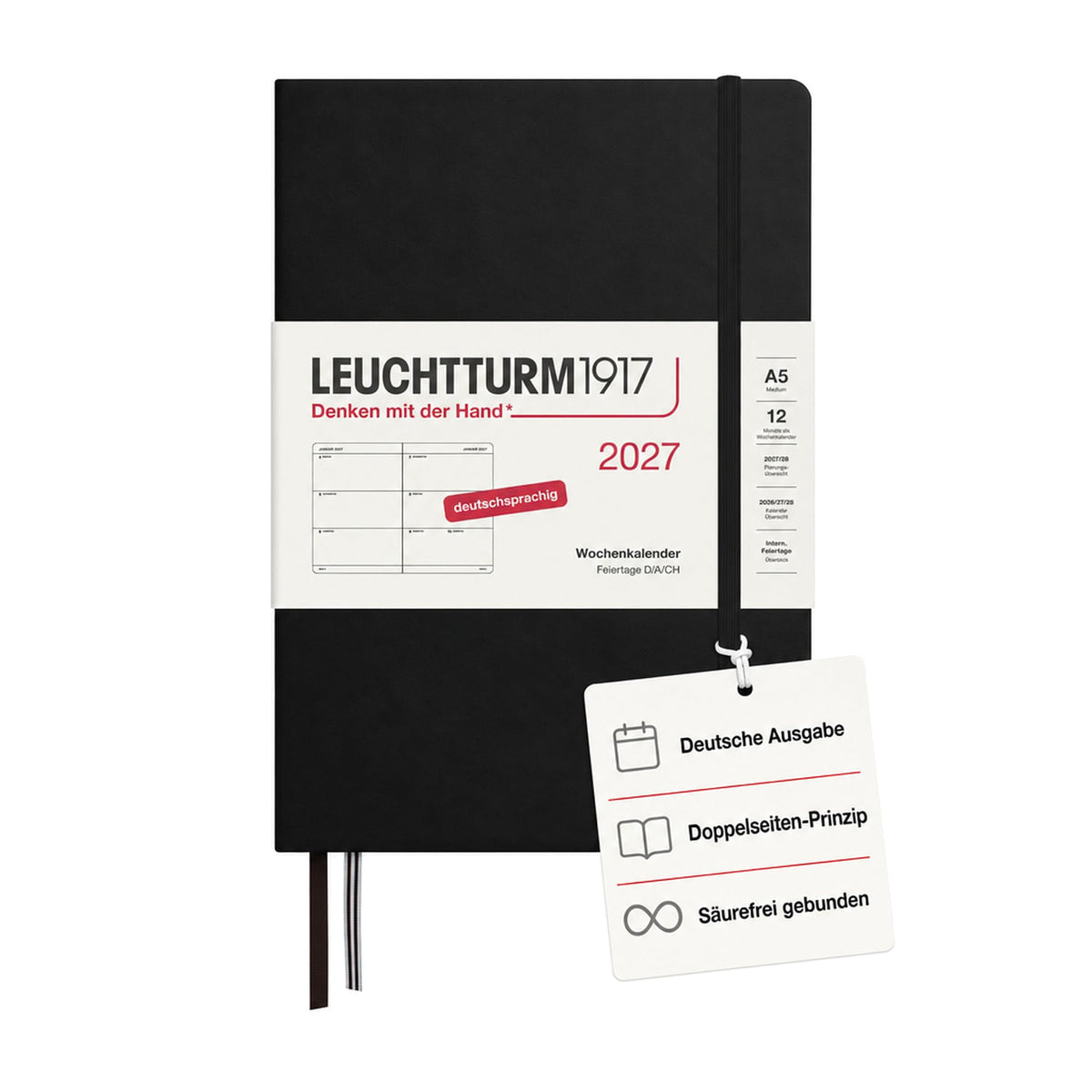 LEUCHTTURM1917 Calendar săptămânal 2027 Mediu (A5) - Germană, Negru, Hardcover, 145 x 210 mm, 12 luni - ianuarie-decembrie 2027, 1 săptămână pe pagină dublă, hârtie de 80 g/m² cu compatibilitate ridicată cu cerneală - 400101