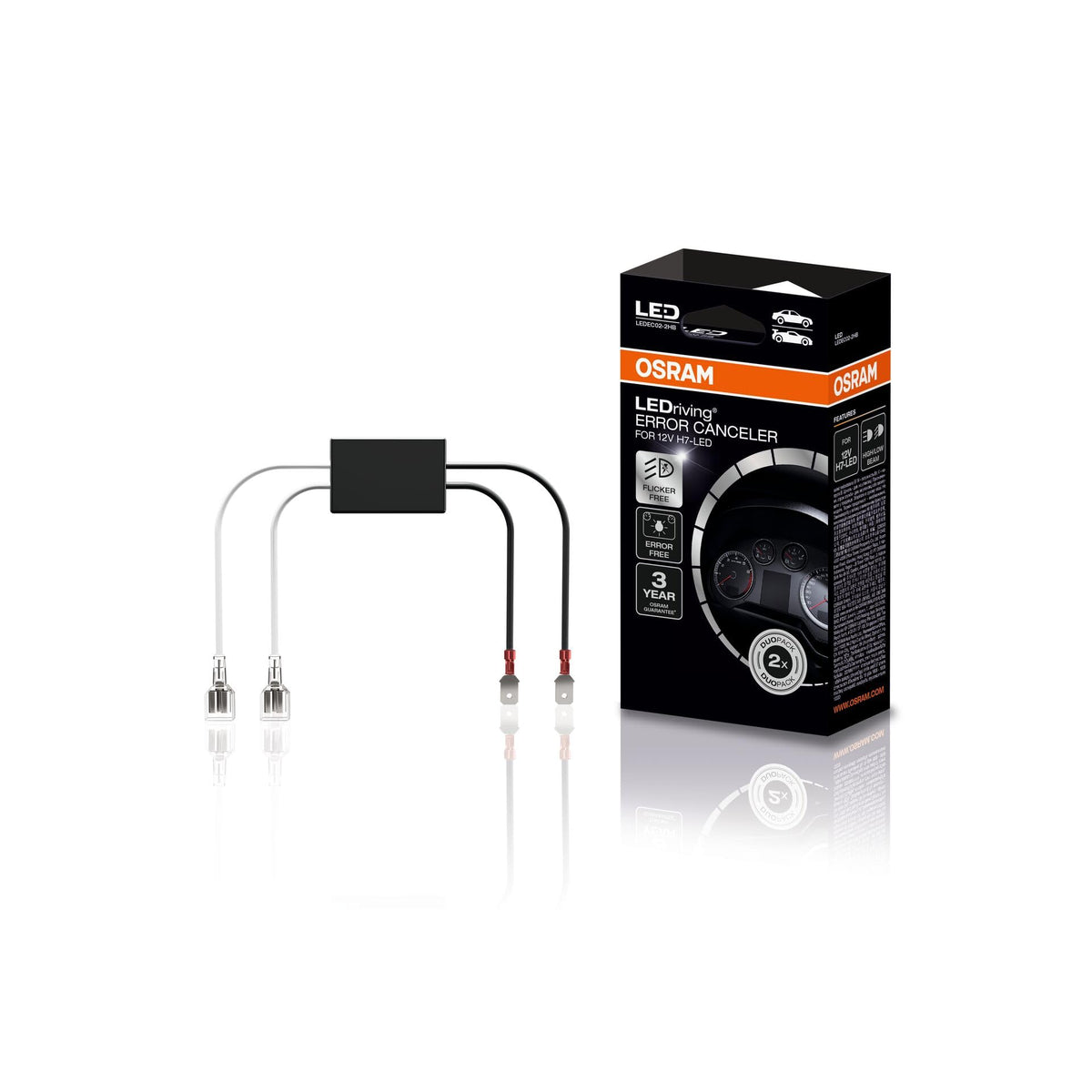 Osram LEDriving ERROR CANCELER LEDEC02-2HB bypasses the lamp failure detection system for LED retrofit lamps; accessory for 12V H7 LED lamps.