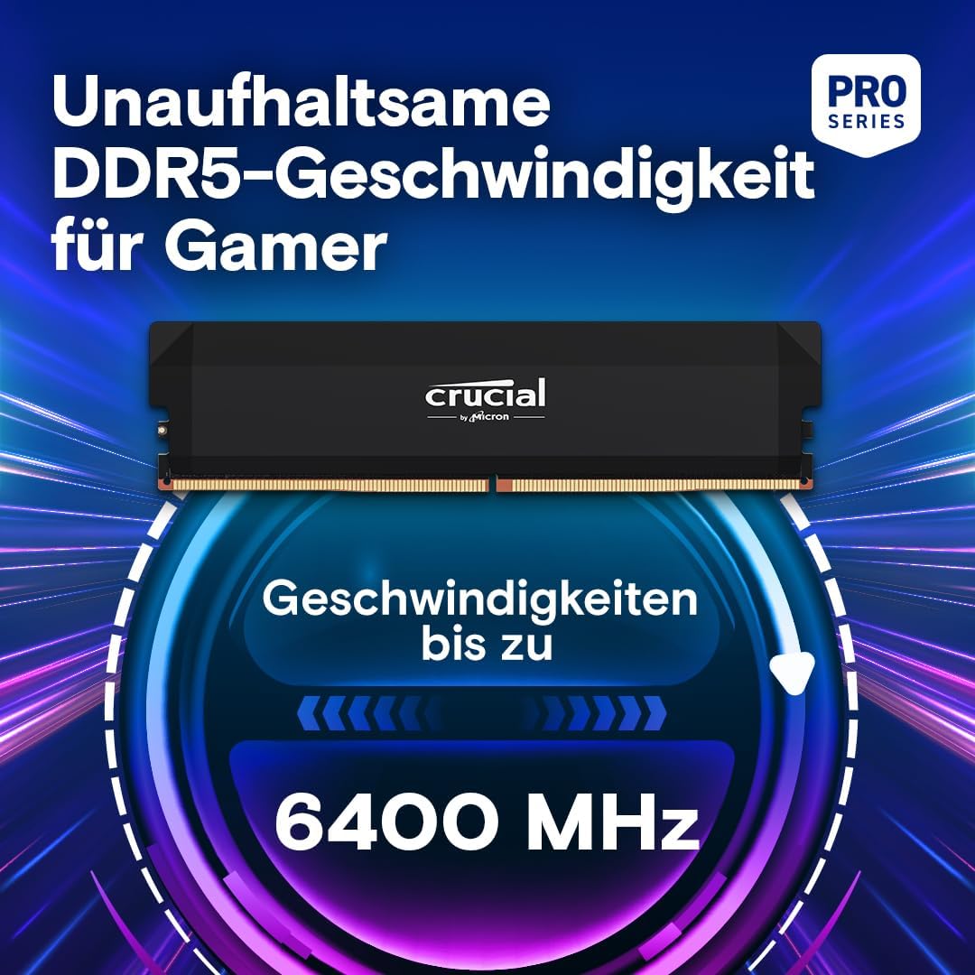 Crucial Pro DDR5 RAM 64GB Kit (2x32GB) 6400MHz CL40, Overclocking Gaming, Intel XMP 3.0 / AMD EXPO, PC Computer RAM, Black - CP2K32G64C40U5B