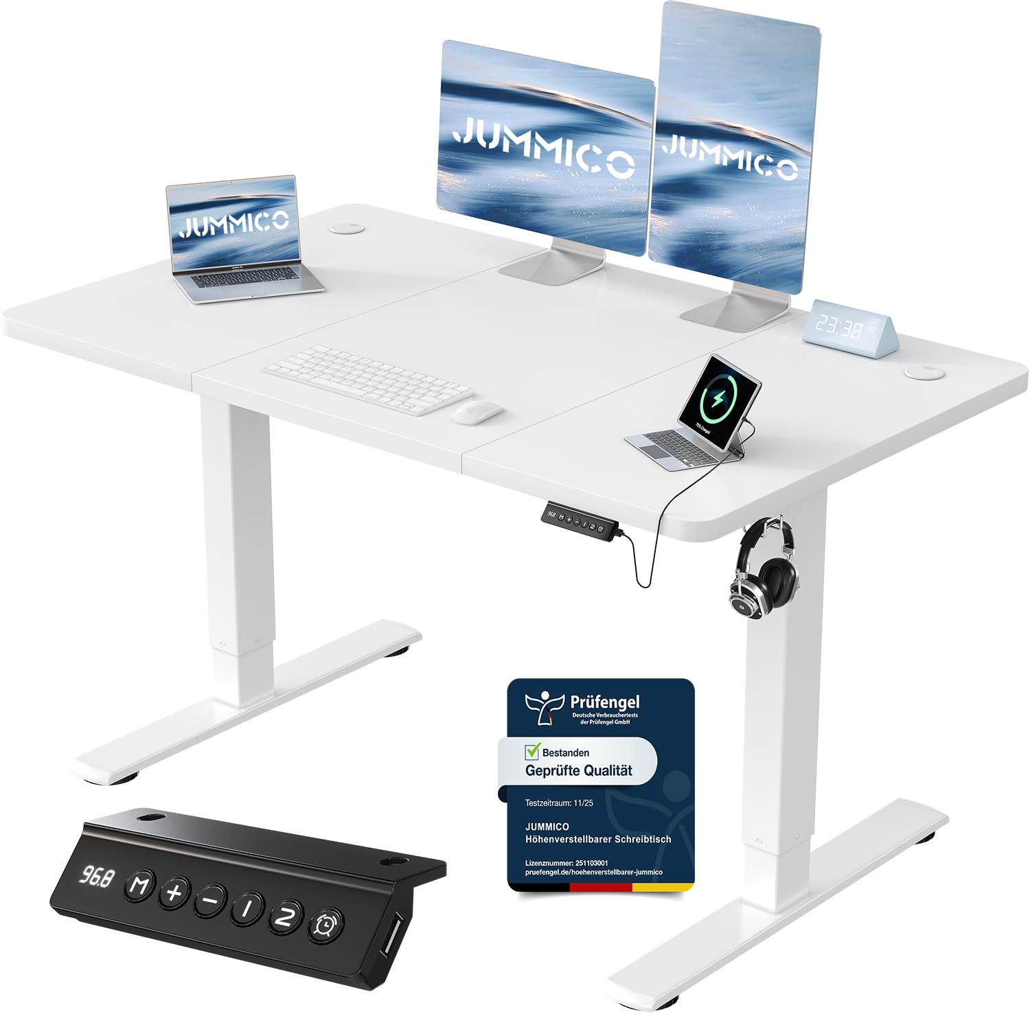 JUMMICO Birou reglabil pe înălțime cu port de încărcare USB, birou electric reglabil pe înălțime 120 x 60 cm, masă stand-sit, birou standing, masă de calculator reglabilă, birou standing, alb - 0403