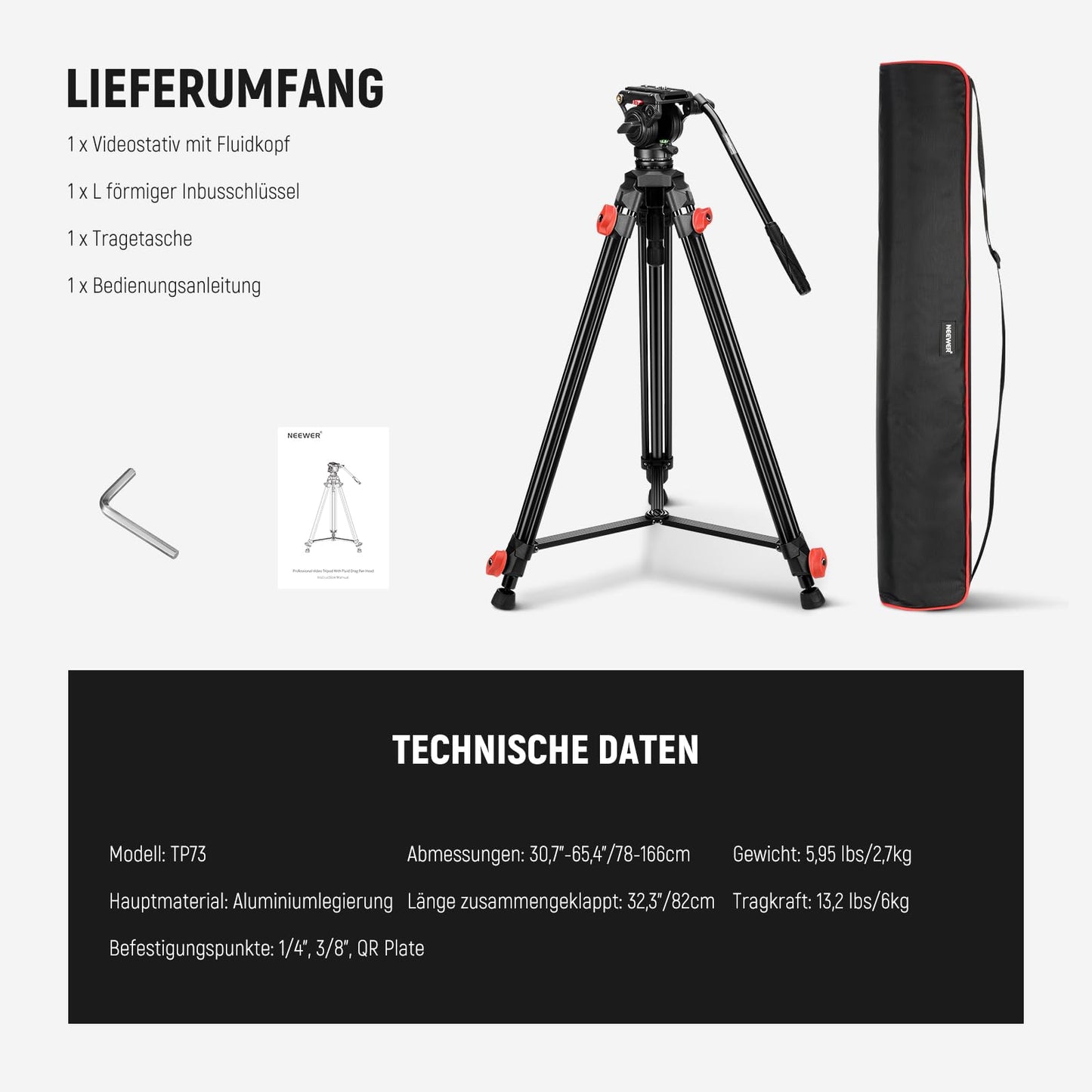 NEEWER Camera Video Tripod with Fluid Head Heavy Duty Lightweight Compact Portable Travel Tripod for DSLR Camcorder Compatible with DJI Gimbals Compatible with Manfrotto QR Plates, Max Load 13.2lbs, TP73