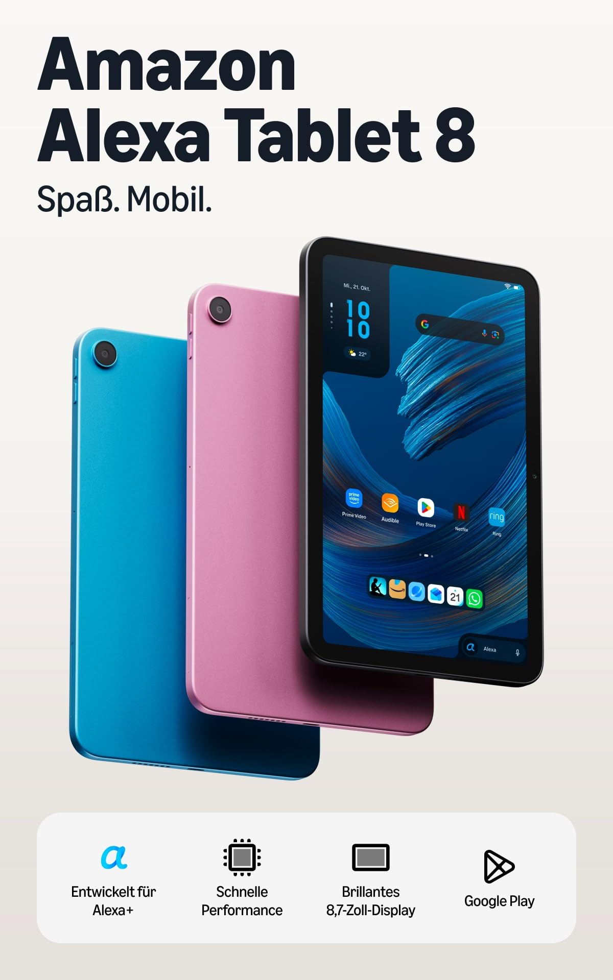 The new Amazon Alexa Tablet 8, 4 GB RAM, 64 GB, compact 8.7-inch tablet with a brilliant display, all-day battery, featuring Google Play, designed for Alexa+, Pink - RL3YT5