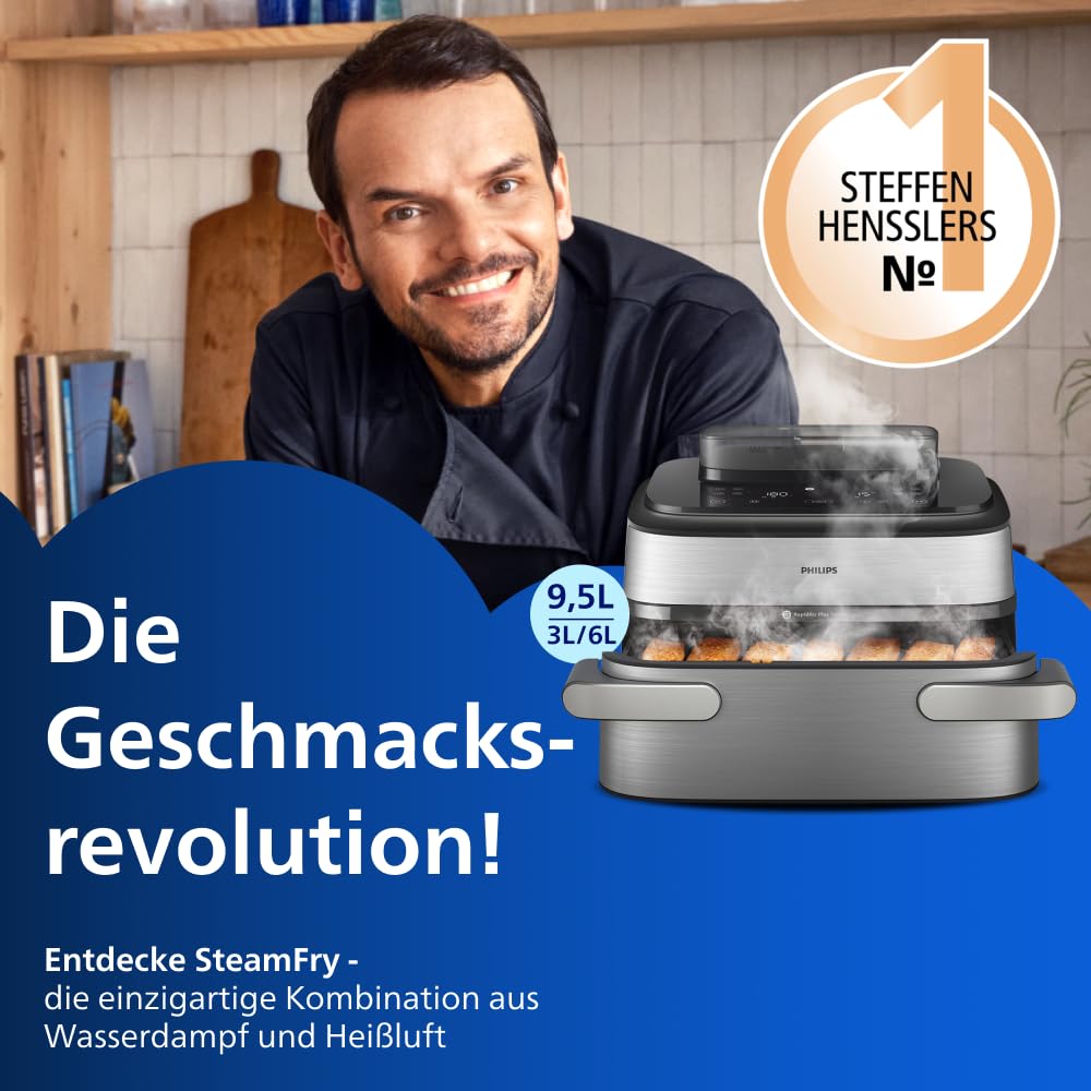Philips Steam Airfryer 5000 Series Megabasket - Hot air fryer with steam function - Steam, Airfry, SteamFry, 9.5L Megabasket or 3L + 6L Dual Basket, basket separator, steam cleaning (NA565/00)