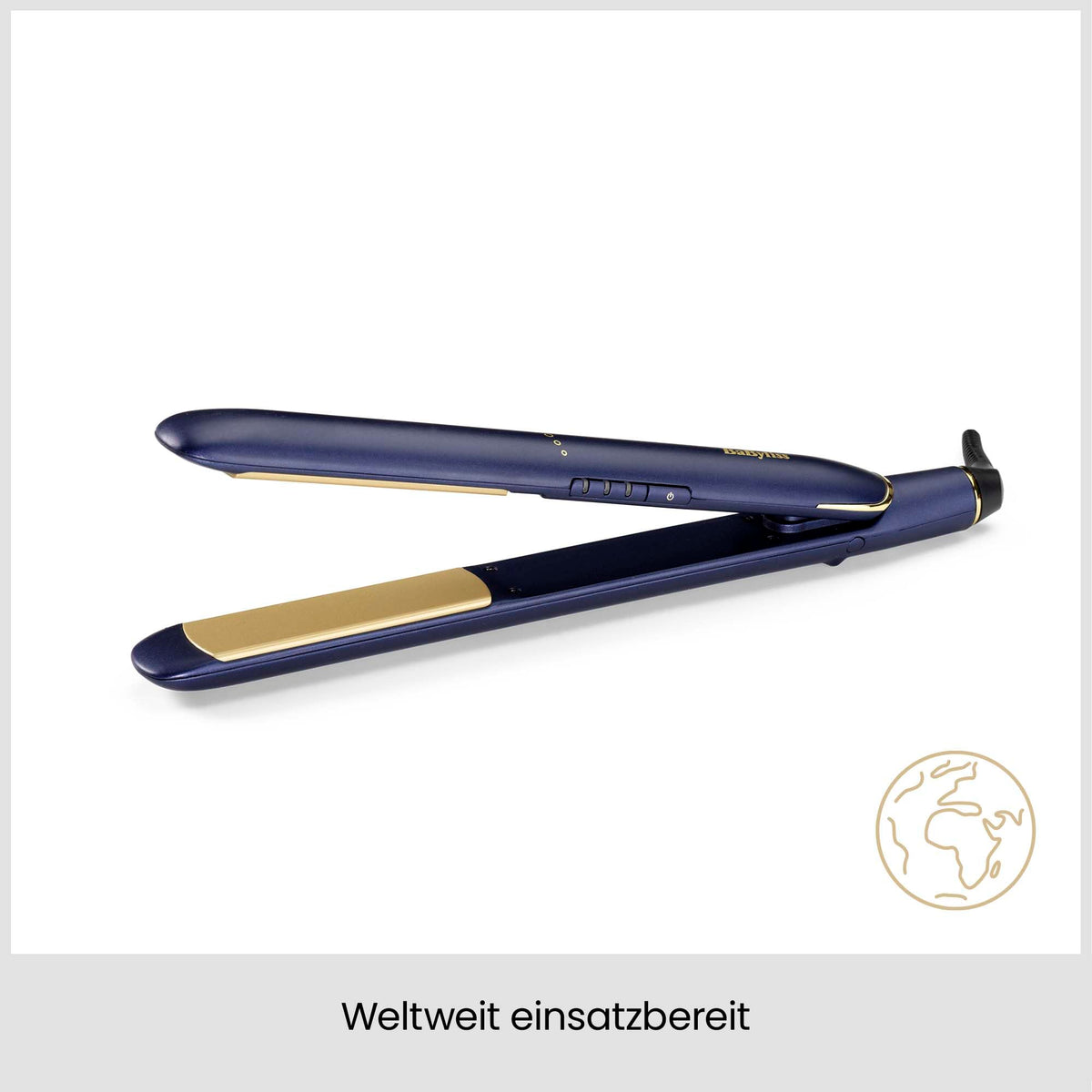 BaByliss Midnight Luxe Straightener - Titanium Ceramic Floating Plates for smooth gliding, quick heating in 30 seconds, 3 temperature settings up to 235°C, suitable for worldwide use, model 2516PE.