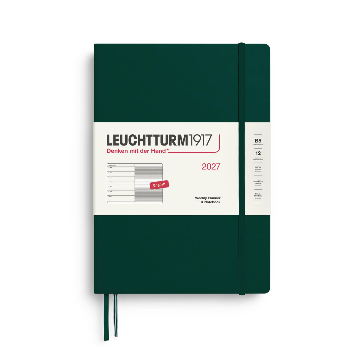 LEUCHTTURM1917 Calendar săptămânal 2027 Compoziție (B5) cu caiet, cu linii - planificator de întâlniri în engleză, verde pădure, cartonat, ianuarie-decembrie 2027, prezentare generală săptămânală în stânga + pagină cu note în dreapta - 400210