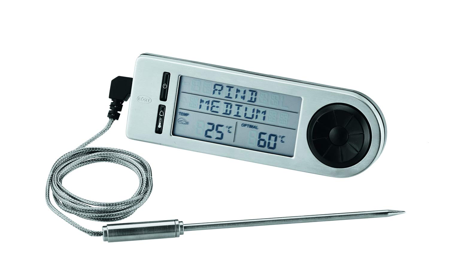RÖSLE barbecue core temperature meter, high-quality thermometer for determining the ideal meat core temperature on the grill or in the oven with magnetic holder, silver/black, 18 x 4.8 x 2 cm - 25086