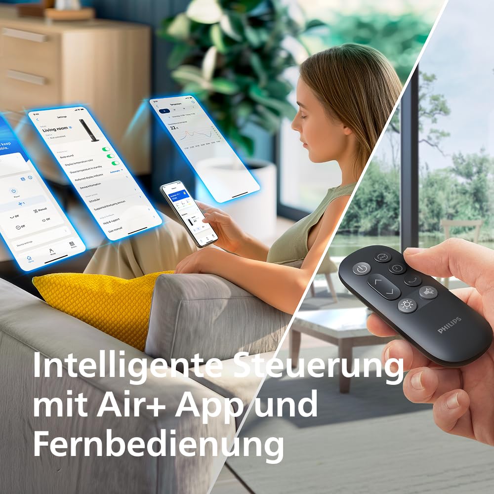 Philips Smart Tower Fan 7000 Series - 8.4 m/s strong, ultra-quiet 22 dB, energy efficient, app & remote control, WiFi, 12 levels, sleep mode, temp display, 12-hour timer, 80° oscillation (CX7550/01)