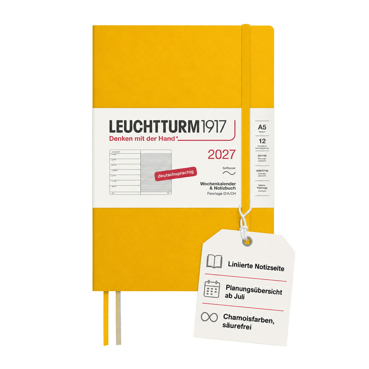 LEUCHTTURM1917 Calendar săptămânal 2027 mediu (A5) cu carnet - Jurnal german, floarea soarelui, copertă moale, ianuarie-decembrie 2027, prezentare generală săptămânală în stânga + pagină cu note în dreapta - 400070
