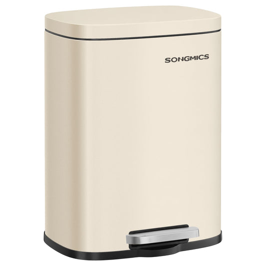 SONGMICS Trash Can, Pedal Trash Can Made of Steel, Trash Can with Lid and Inner Bucket, 12 L, 38.4 x 28.6 x 25.2 cm, Small Cosmetic Bin for Bathroom, Beige, PLUSHIC Collection LTB112LZ02