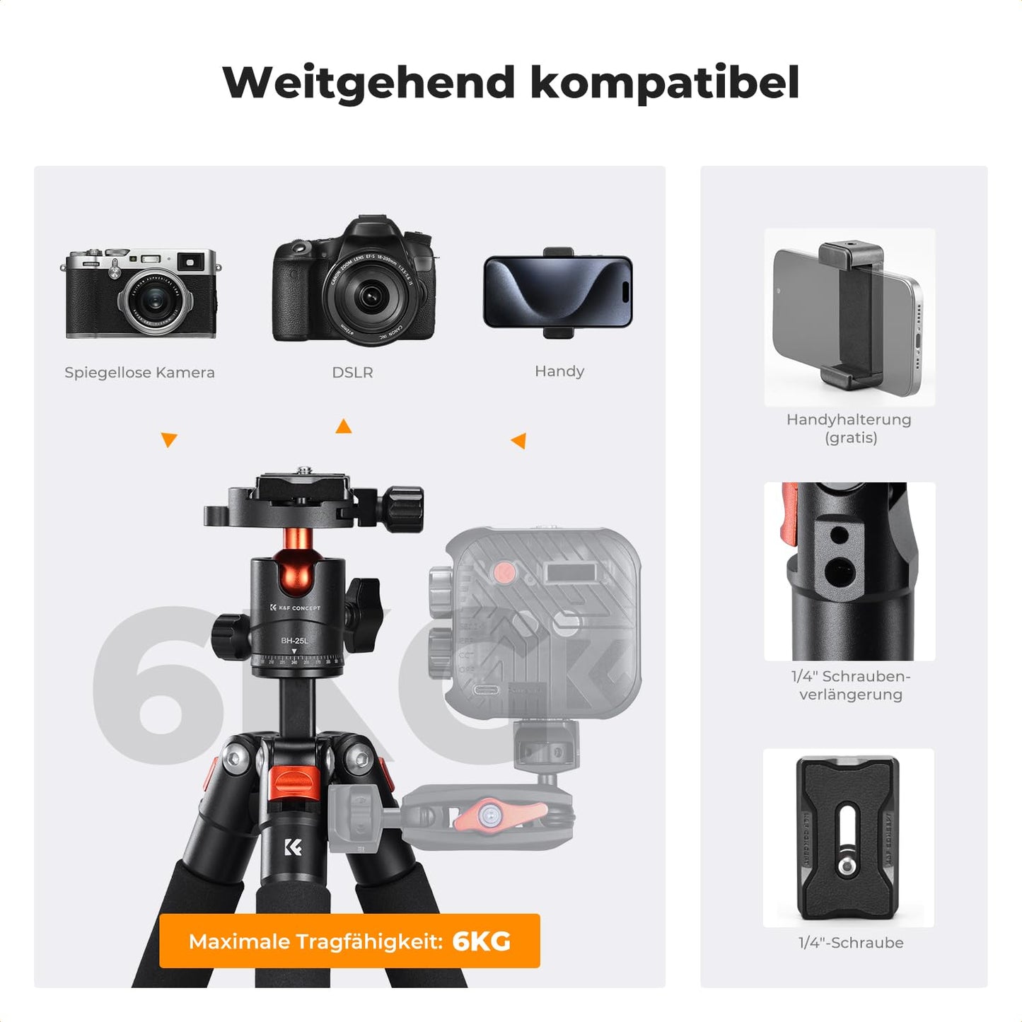 K&F CONCEPT Black-Orange Mini Tripod, 55cm Aluminum Camera Tripod with 360° Ball Head, Foldable Design for Easy Storage and Travel-Friendly, 1/4" Plate for DSLR/Smartphone, Max. Load 6kg - S225A0+BH-25L