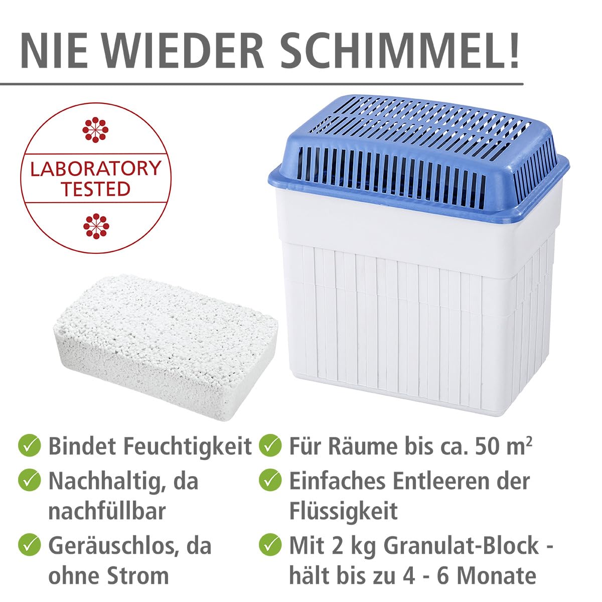 WENKO Umidificator cu granule de 2 kg, dezumidificator de cameră, captează până la 2,8 l de umiditate, testat în laborator, refillabil, reduce mucegaiul și mirosurile, dimensiuni 23 x 24 x 15,5 cm, Gri/Albastru - 5410120500