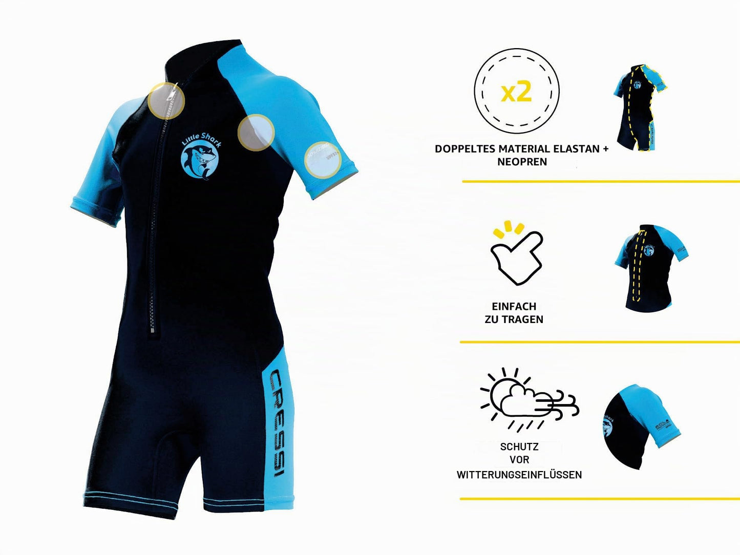 Cressi Shorty 2mm children's wetsuit - children's swimming suit with UV, cold protection, jellyfish protection - swimming suit for girls and boys - black/blue - 3/4 years - DG003503