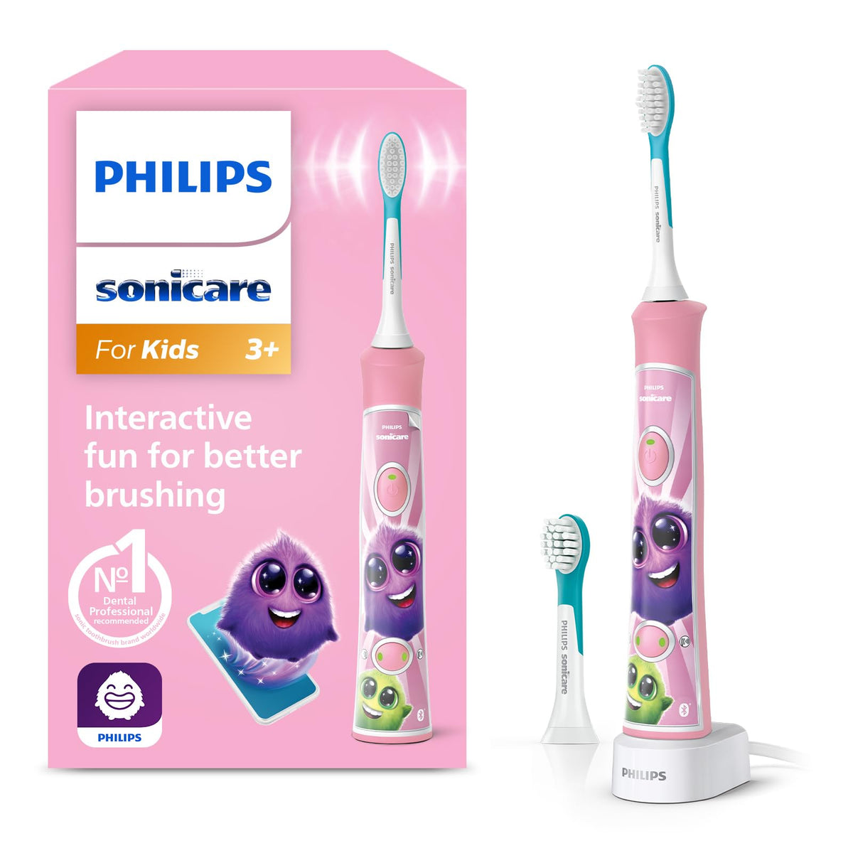Philips Sonicare For Kids, periuță de dinți electrică cu tehnologie sonică, cu aplicație, pentru copii de la 3 ani, cu SmarTimer și QuadPacer pentru o curățare temeinică, Roz, model HX6352/42