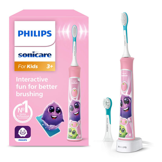 Philips Sonicare For Kids, electric sonic toothbrush with app, for children aged 3 and up, featuring SmartTimer and QuadPacer for thorough cleaning, Pink, Model HX6352/42