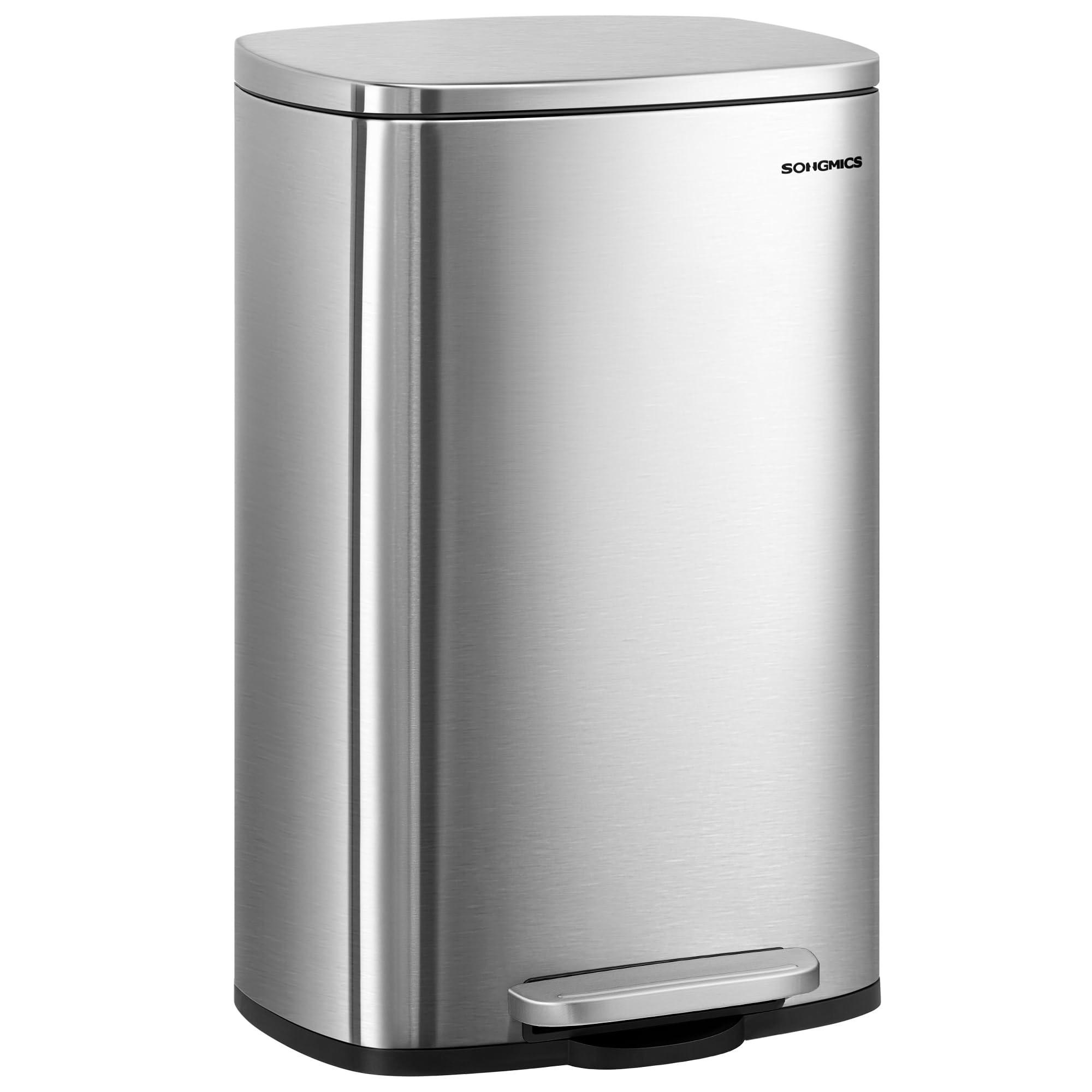 SONGMICS kitchen rubbish bin, 50 liters, waste bin, pedal bin, with lid, soft close, foot pedal, steel, inner bin, silver LTB050E01