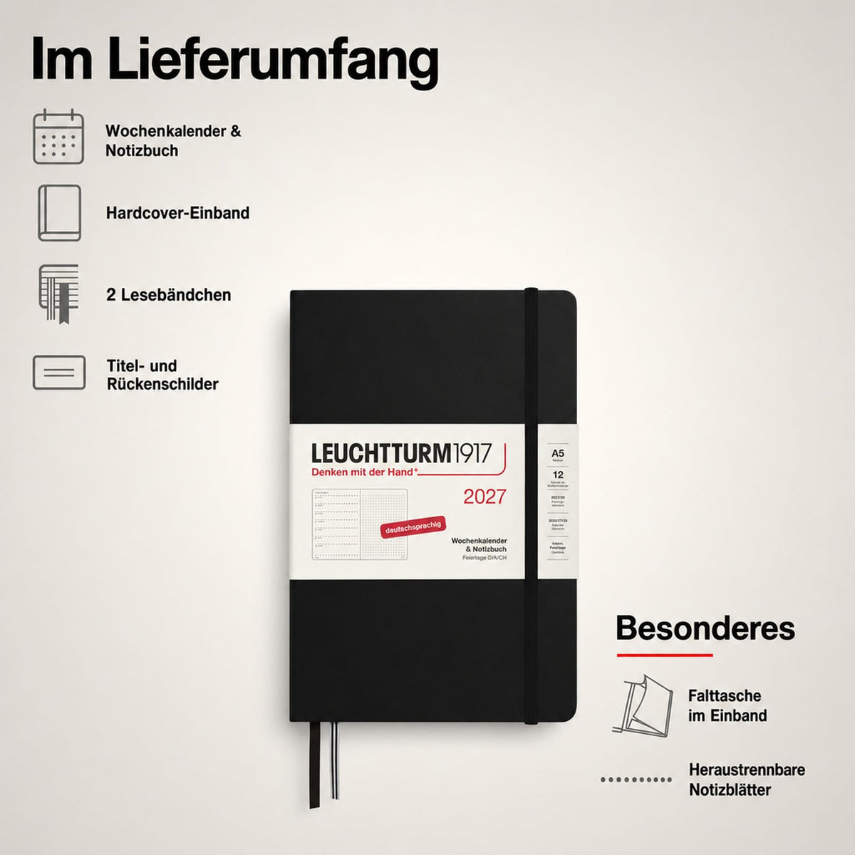 LEUCHTTURM1917 Calendar săptămânal 2027 punctat mediu (A5) cu caiet - Planificator de întâlniri german, negru, ianuarie-decembrie 2027, prezentare generală săptămânală în stânga + pagină cu note în dreapta - 400090