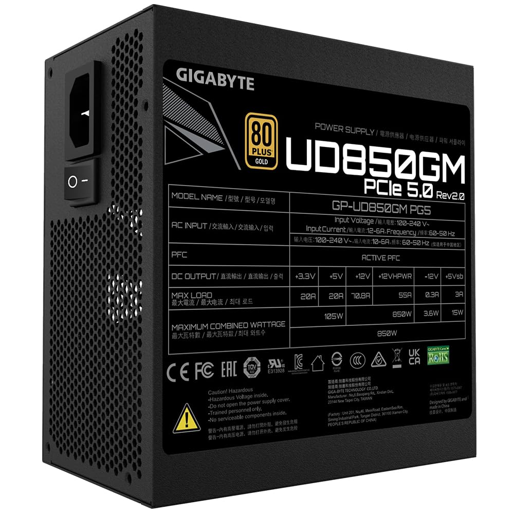 GIGABYTE UD850GM PG5 V2 Sursă – PCIe Gen 5.1, 80 Plus Gold, design complet modular, ventilator de 120 mm, compatibil ATX 3.1, conector EU - GP-UD850GM